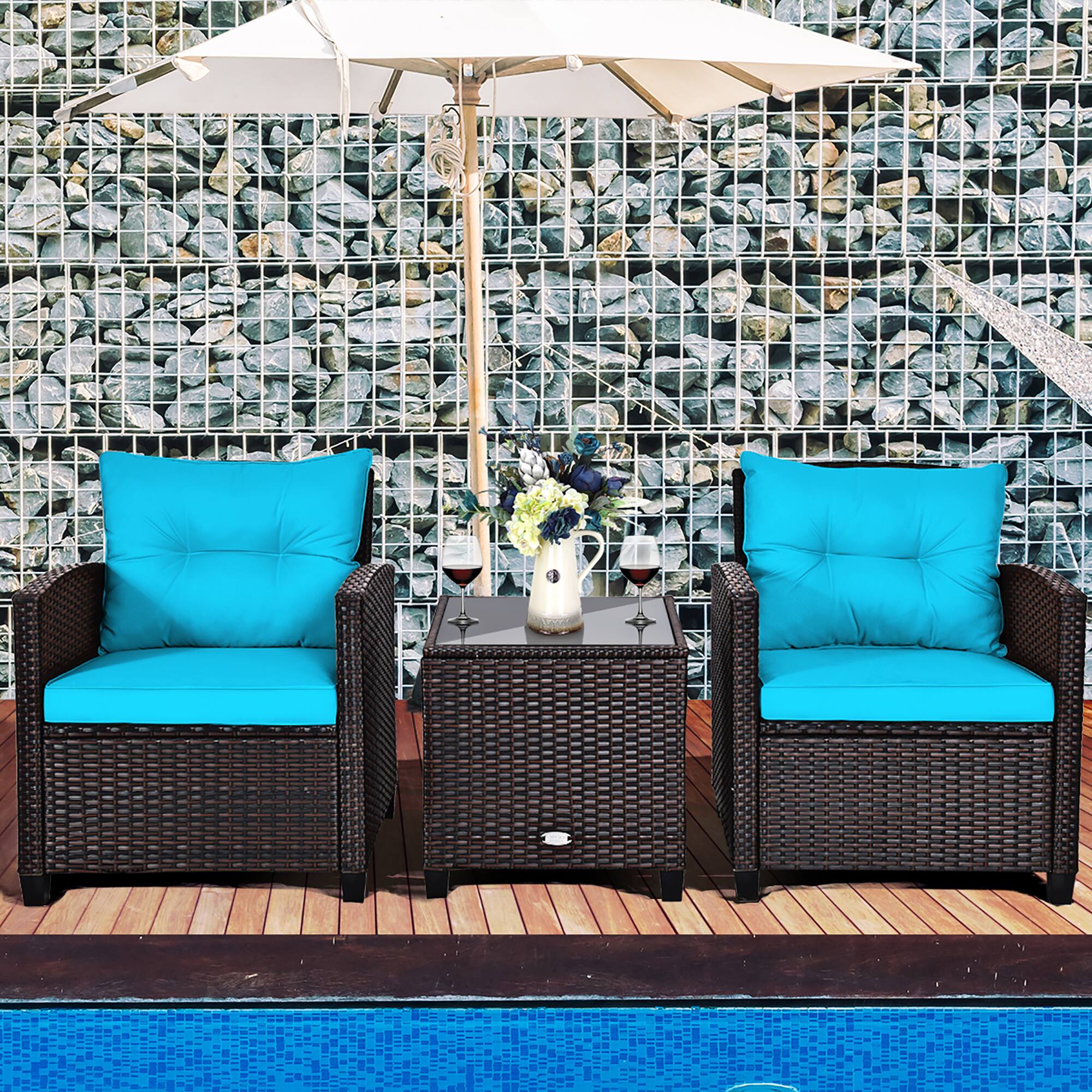 Alt View 8. Costway - 3PCS Patio Rattan Furniture Set Cushioned Conversation Set Sofa - Turquoise.