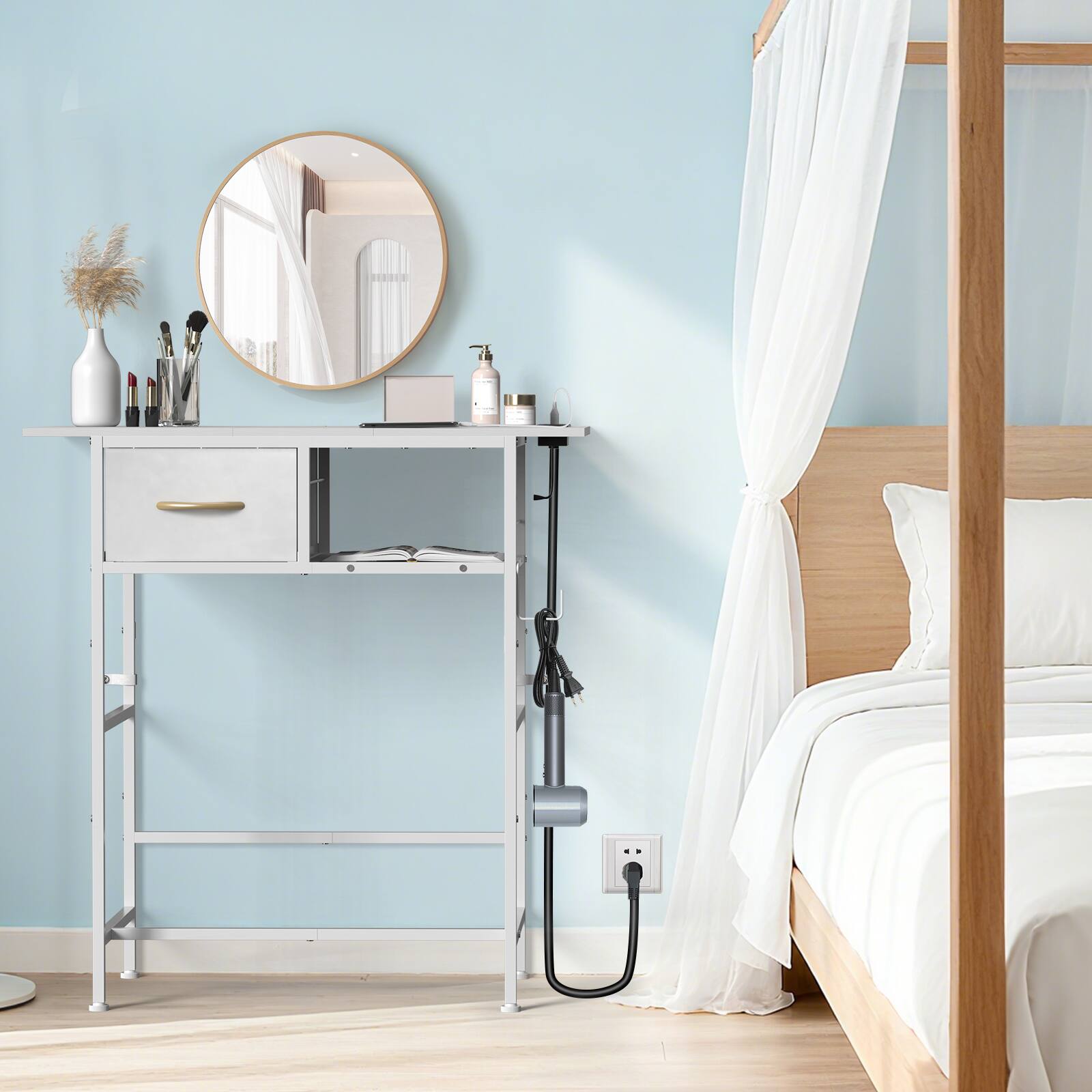 Angle. Oumilen - Vanity Table with Charging Station and Drawer,White - White.