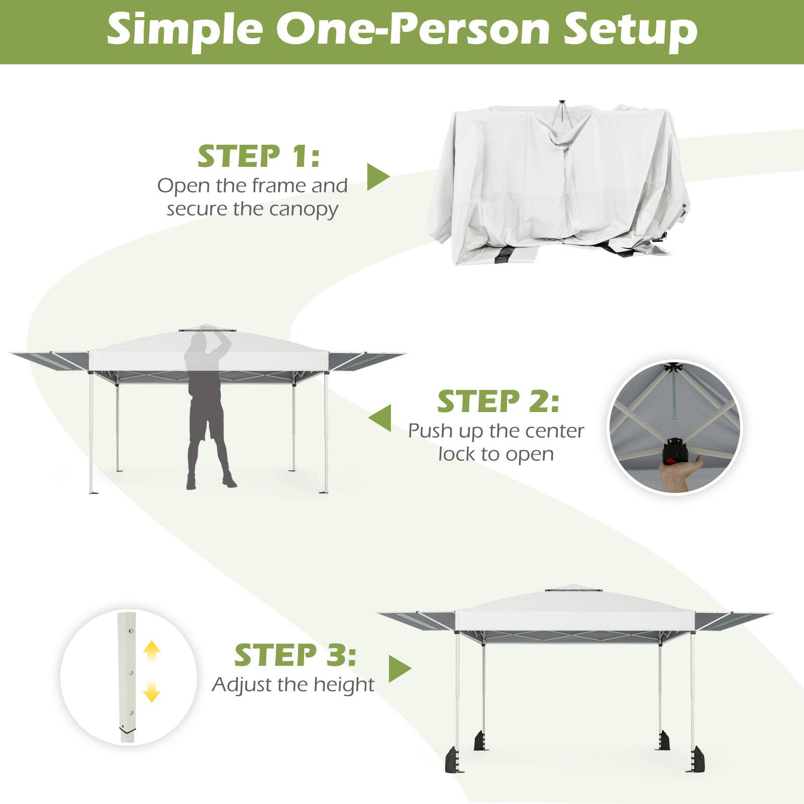 Simple One-Person Setup

STEP 1: Open the frame and secure the canopy

STEP 2: Push up the center lock to open

STEP 3: Adjust the height