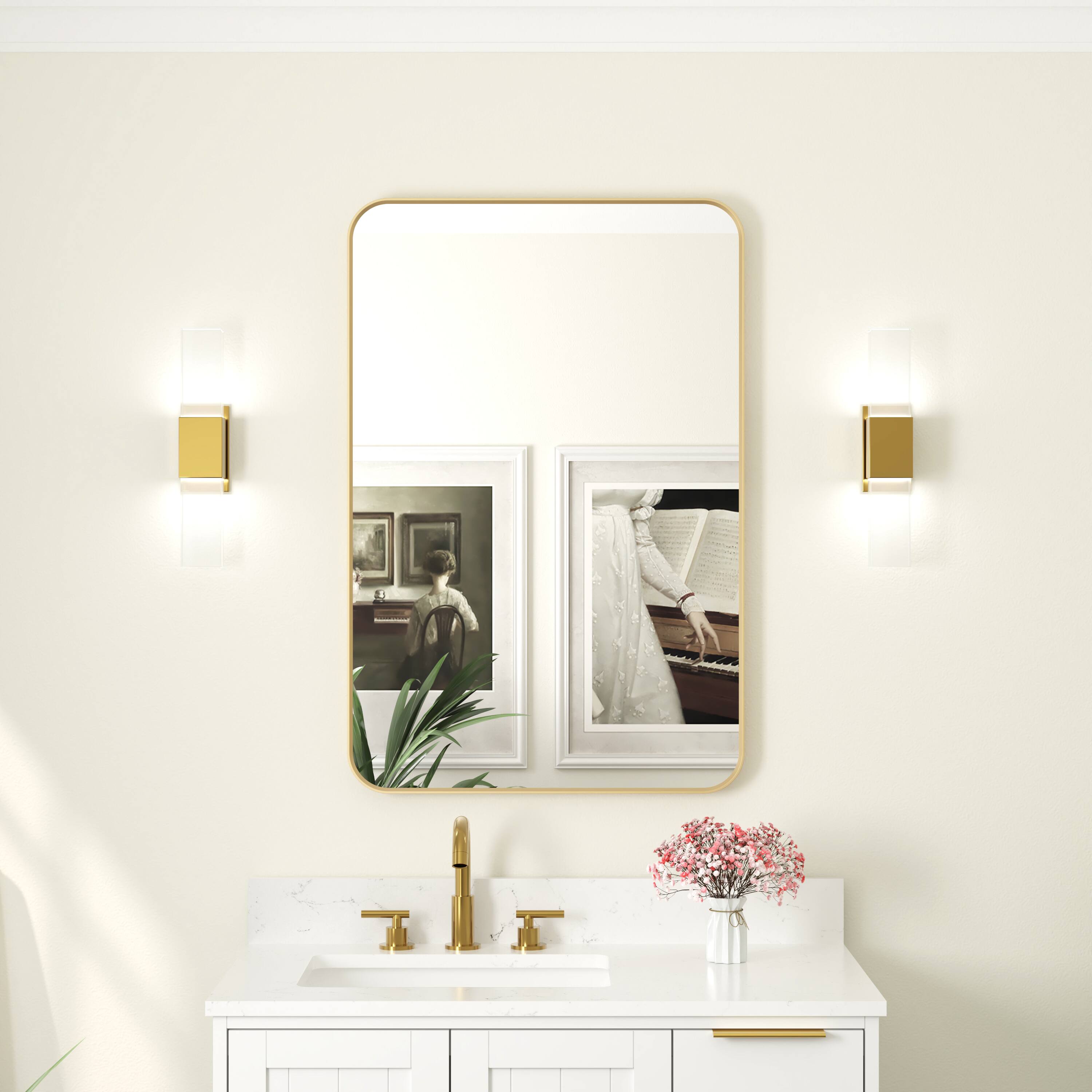 Left. WELLFOR - 24 in. W. x 36 in. H Rectangular Aluminum Framed Wall-Mounted Bathroom Vanity Mirror - Brushed Gold.
