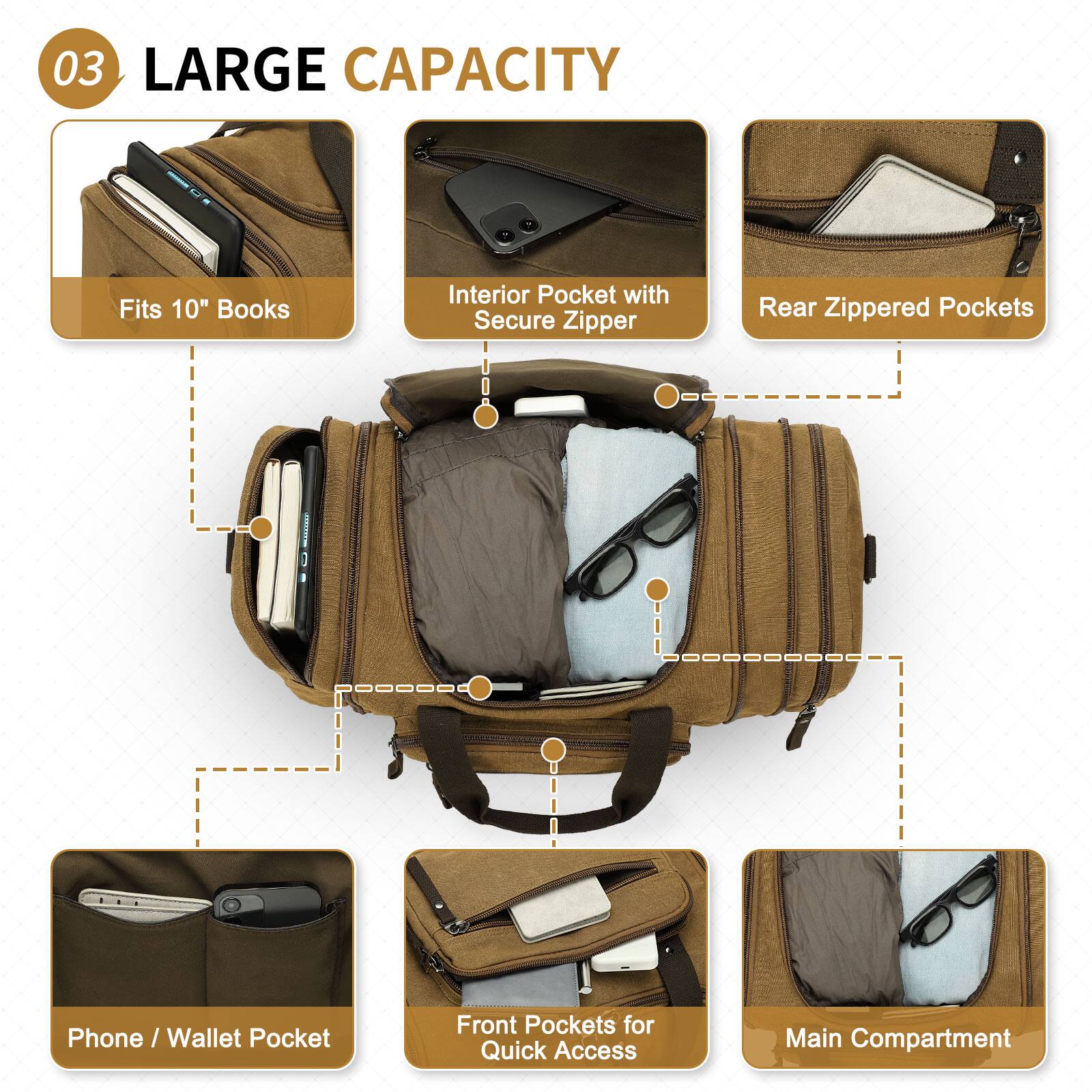 03 LARGE CAPACITY

- Fits 10" Books
- Interior Pocket with Secure Zipper
- Rear Zippered Pockets
- Phone / Wallet Pocket
- Front Pockets for Quick Access
- Main Compartment