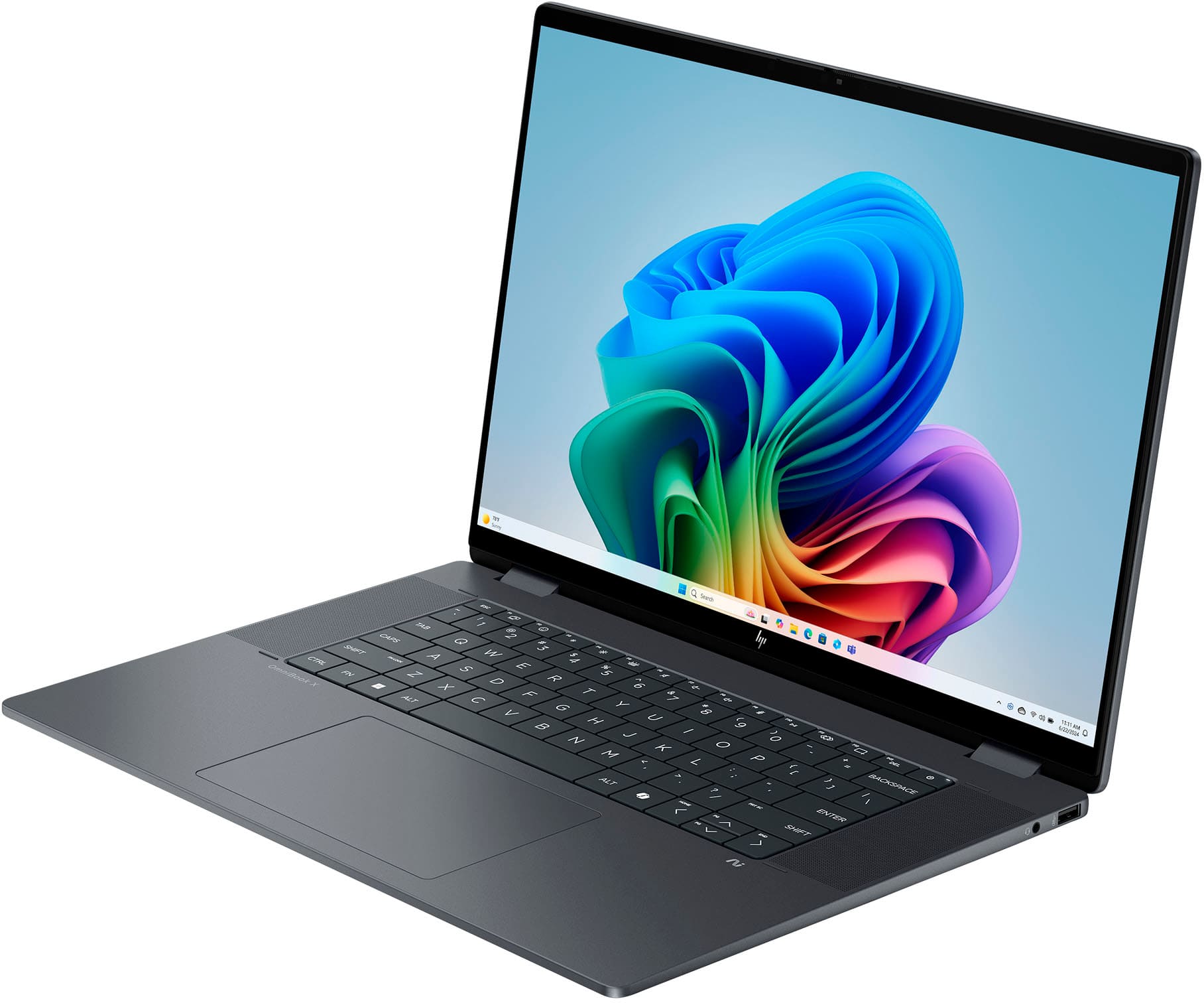 The image features a laptop computer with a colorful display on the screen. The laptop has a sleek design and is likely a modern model. The screen is turned on, showcasing the vibrant colors and graphics. The laptop is positioned on a white background, which highlights its features and design.