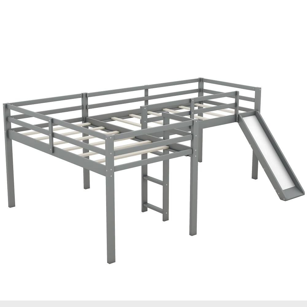 Alt View 4. Loheer - Loheer L-Shaped Twin Loft Bed with Slide and Ladder, Corner Loft Bed Frame for Kids, Solid Pine Wood, Gray - Gray.