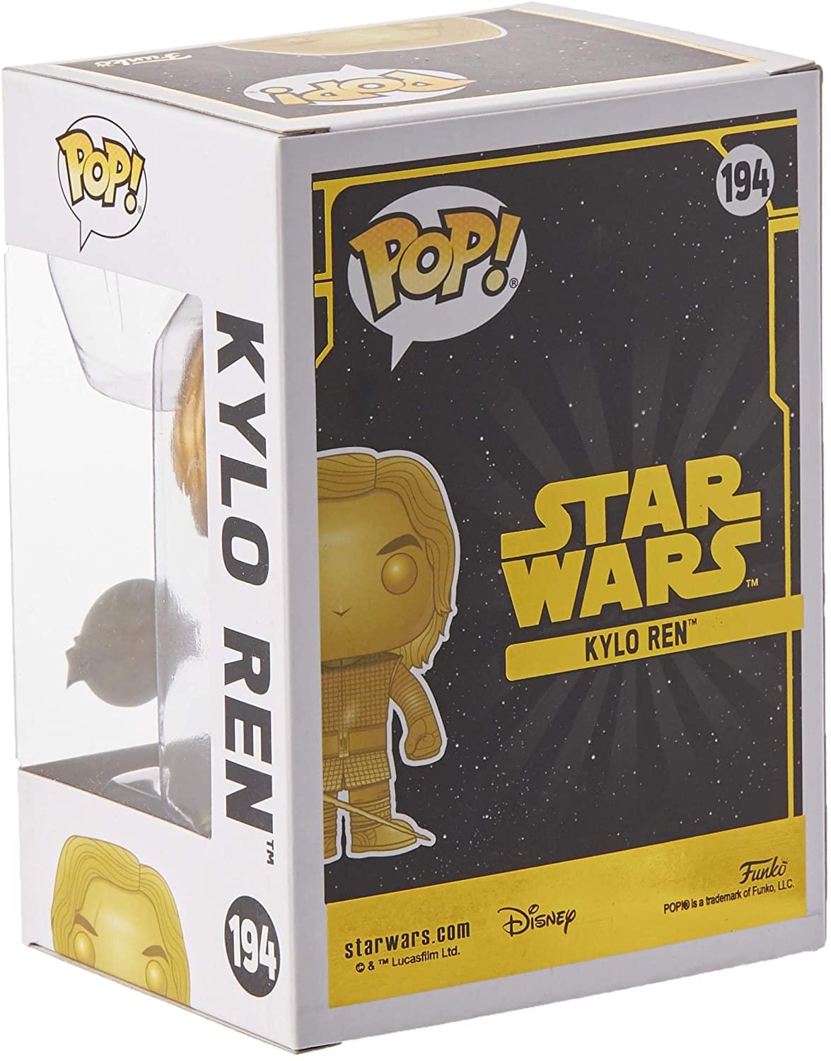 Sure, here is the corrected and grouped text from the image:

---

**Front:**
- POP!
- 194
- STAR WARS™
- KYLO REN™
- Funko
- POP! is a trademark of Funko, LLC.
- © & ™ Lucasfilm Ltd.
- starwars.com
- Disney

**Side:**
- POP!
- KYLO REN™
- 194

**Top:**
- POP!

**Bottom:**
- POP! is a trademark of Funko, LLC.
- © & ™ Lucasfilm Ltd.

---