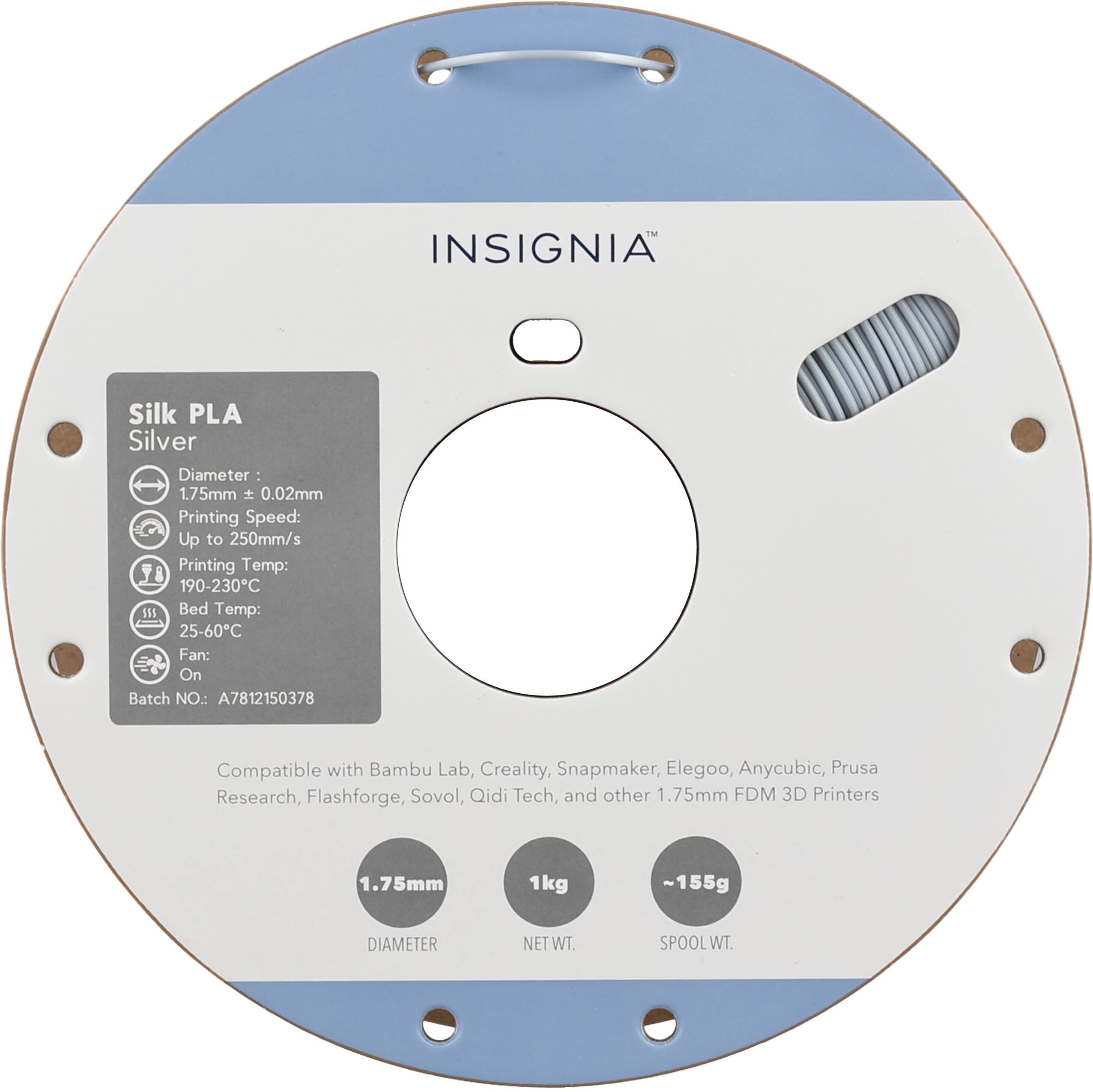 INSIGNIA Silk PLA Silver  
Diameter: 1.75mm ± 0.02mm  
Printing Speed: Up to 250mm/s  
Printing Temp: 190-230°C  
Bed Temp: 25-60°C  
Fan: On  
Batch NO.: A7812150378  

Compatible with Bambu Lab, Creality, Snapmaker, Elegoo, Anycubic, Prusa Research, Flashforge, Sovol, Qidi Tech, and other 1.75mm FDM 3D Printers  

1.75mm  
DIAMETER  
NET WT. 1kg  
SPOOL WT. ~155g