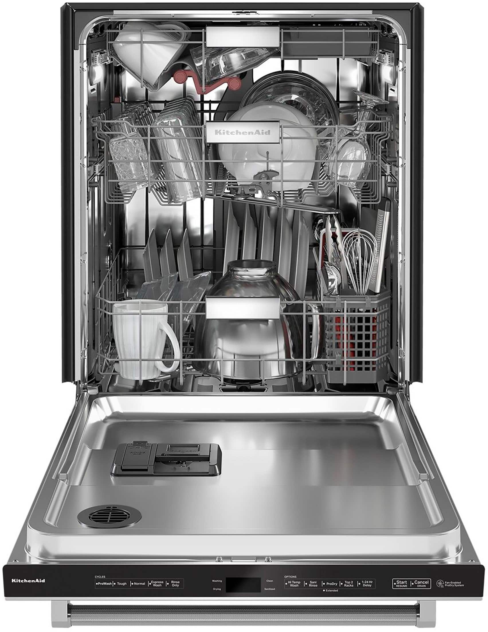 KitchenAid KitchenAid dishwasher with silverware and dishes inside.