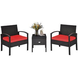 Costway - Rattan Patio Furniture Set 3 Pieces, Wicker Conversation Set with Tempered Glass Coffee Table - Red