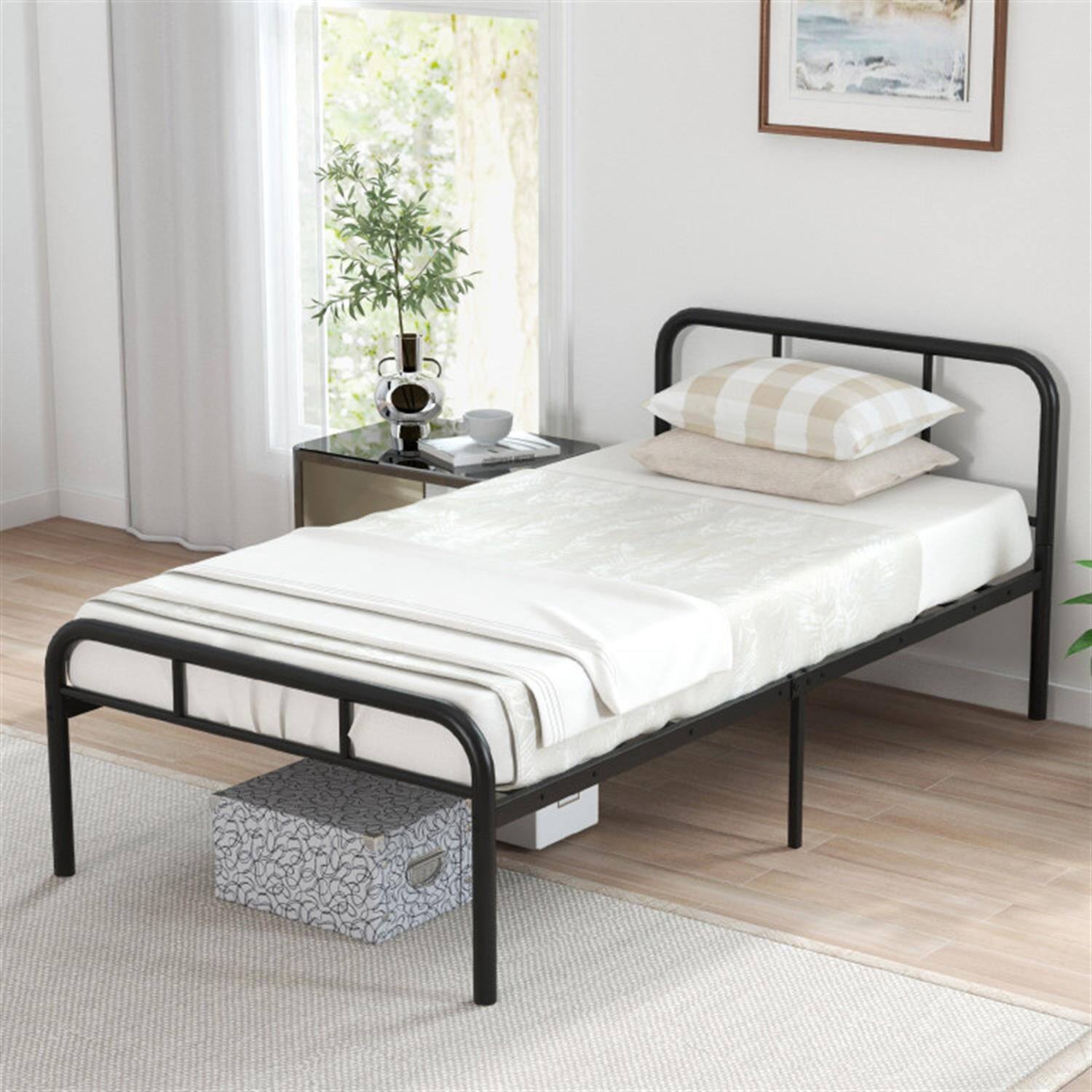 Alt View 1. Pefilos - Modern Metal Bed Frame with Curved Headboard and Footboard, Metal Platform Bed Frame, Under Bed Storage, Metal Slats - Black.