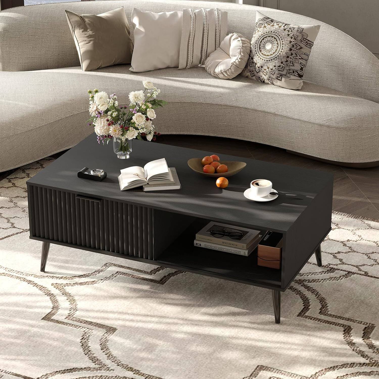 Front. GARVEE - 2-Tier Wooden Coffee Table with Sliding Door, Modern Cocktail Table with Storage, Black, Contemporary Living Room Table - Black.