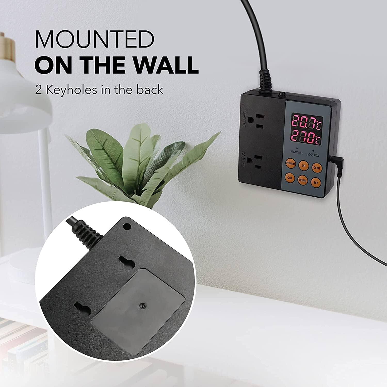 MOUNTED ON THE WALL  
2 Keyholes in the back  

28.8°C  
27.0°C  

HEATING COOLING  
POWER UP DOWN  
C/F SET