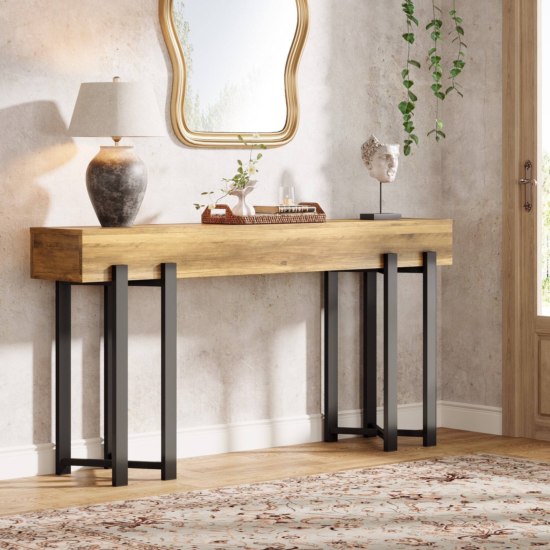 Alt View 1. Tribesigns - Console Table with Engineered Wood Construction, Storage Shelves and Rectangular Top for Entryway - Light Brown.