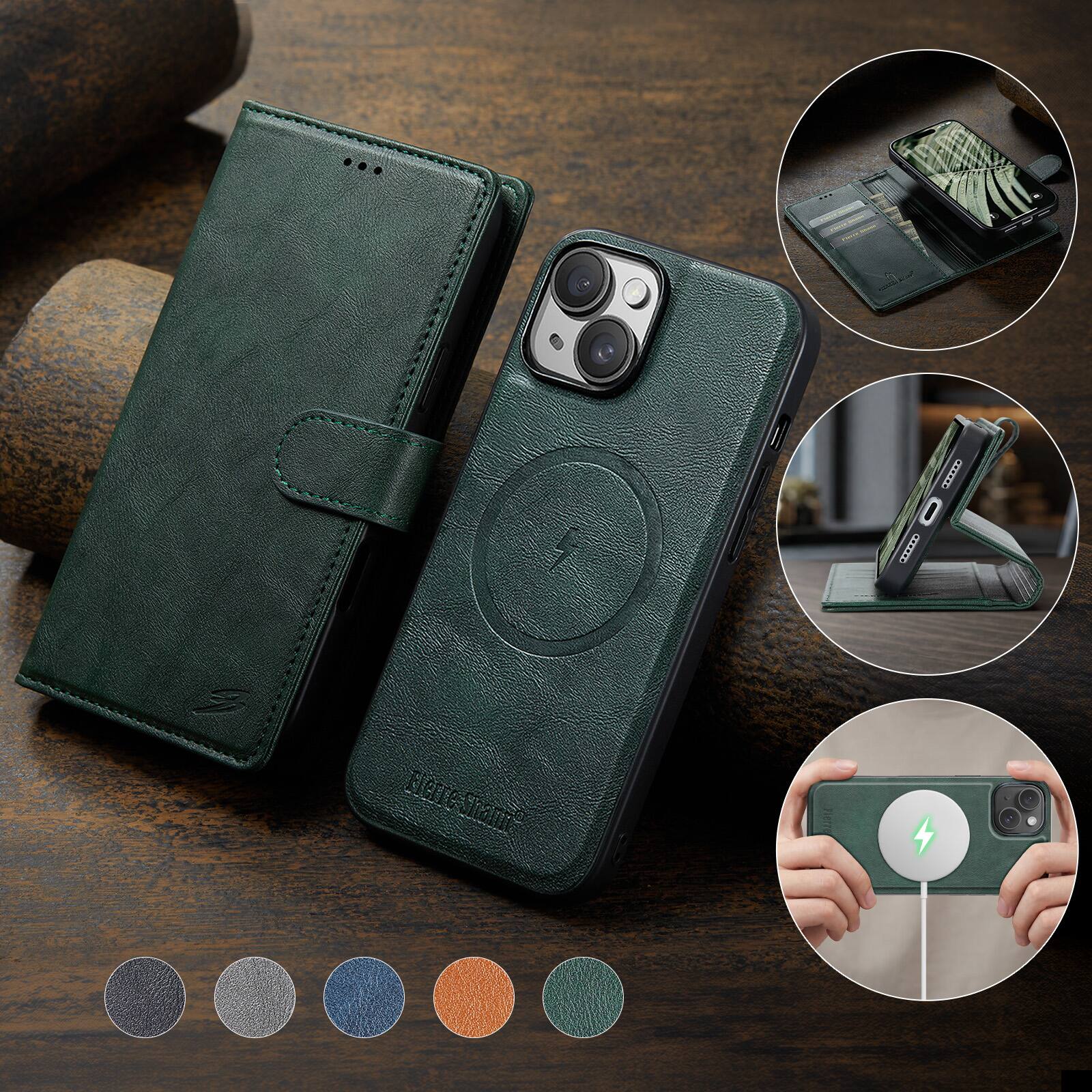 Alt View 6. Dteck - RFID Blocking Wallet Card Pocket Case for iPhone 15 Plus,  Shockproof Magnetic Rugged Hard Protective Cover - Green.