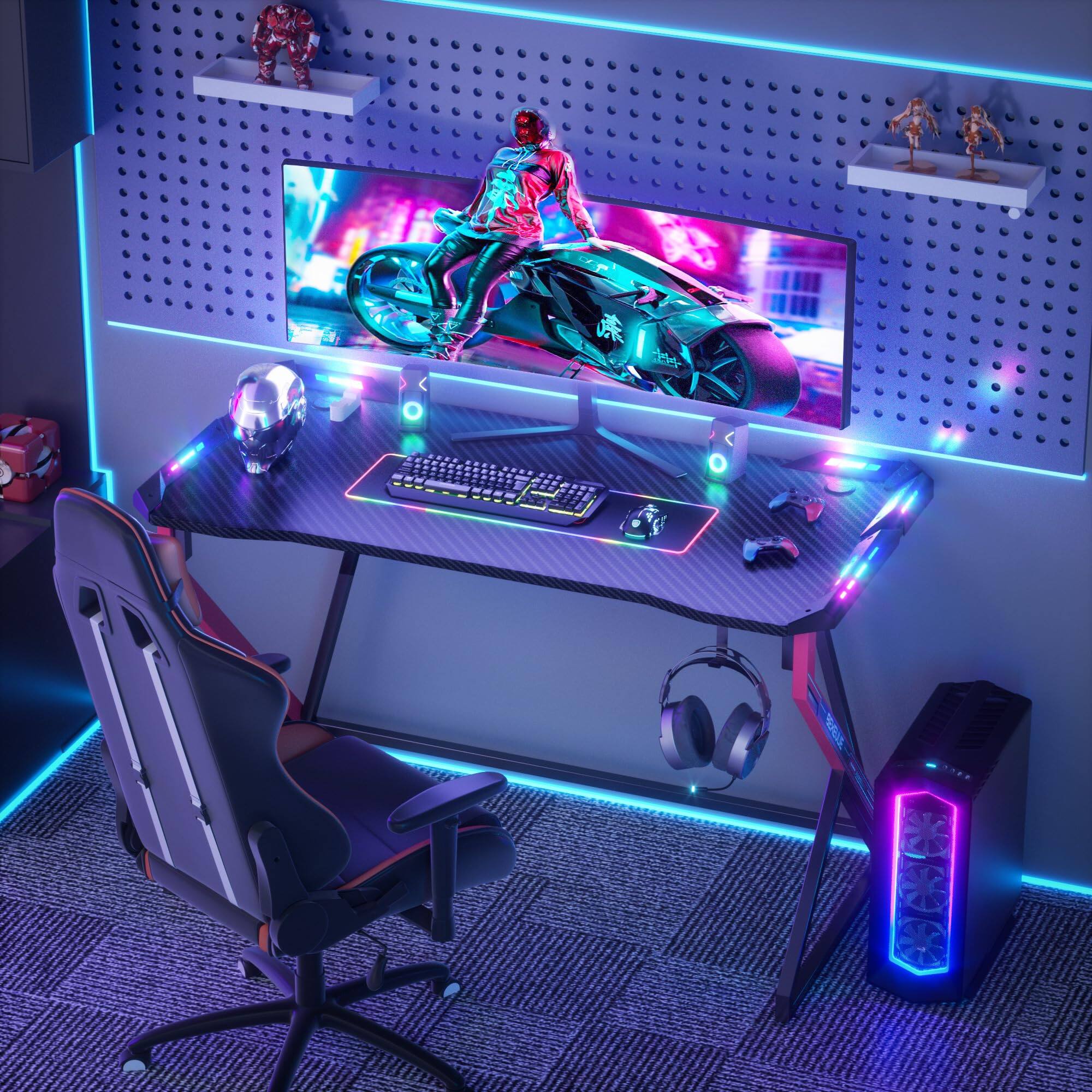 Alt View 5. Hirose Alice - Gaming Desk With Led Lights   Computer For Home Small Space Table Carbon Fiber Surface Pc Gamer Men Top-Grade - Black-40 Inch.