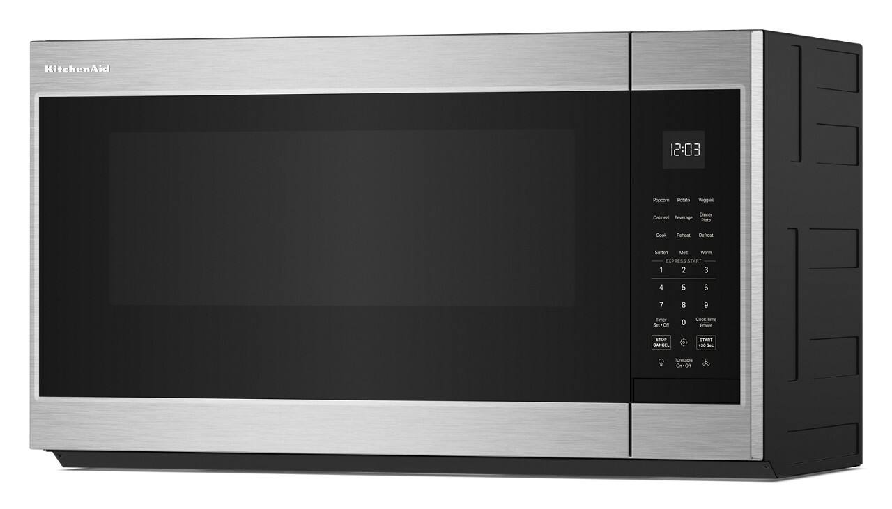 KitchenAid 12:03 Popcorn Potato Veggie Pizza Dough Reheat Defrost Soften Melt Warm EXPRESS START 1 2 3 4 5 6 7 8 9 Timer Set on 0 Cook Time Power STOP CANCEL START +30 Seconds Tumbler On on