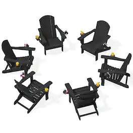 SERWALL - Adirondack Chairs Set of 6 with Cup Holders,Composite Adirondack Chairs,HDPE Outdoor Chairs - Black
