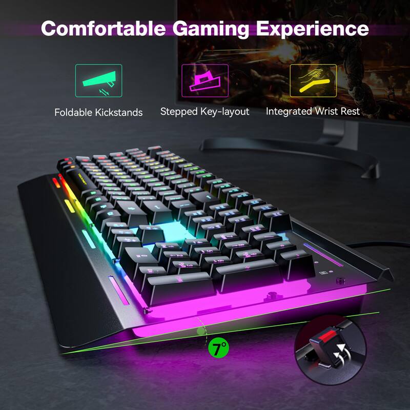 Comfortable Gaming Experience

- Foldable Kickstands
- Stepped Key-layout
- Integrated Wrist Rest