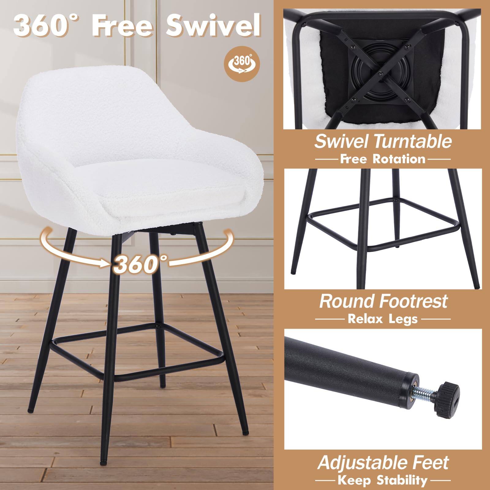 360° Free Swivel  
360° Swivel Turntable  
Free Rotation  
Round Footrest  
Relax Legs  
Adjustable Feet  
Keep Stability