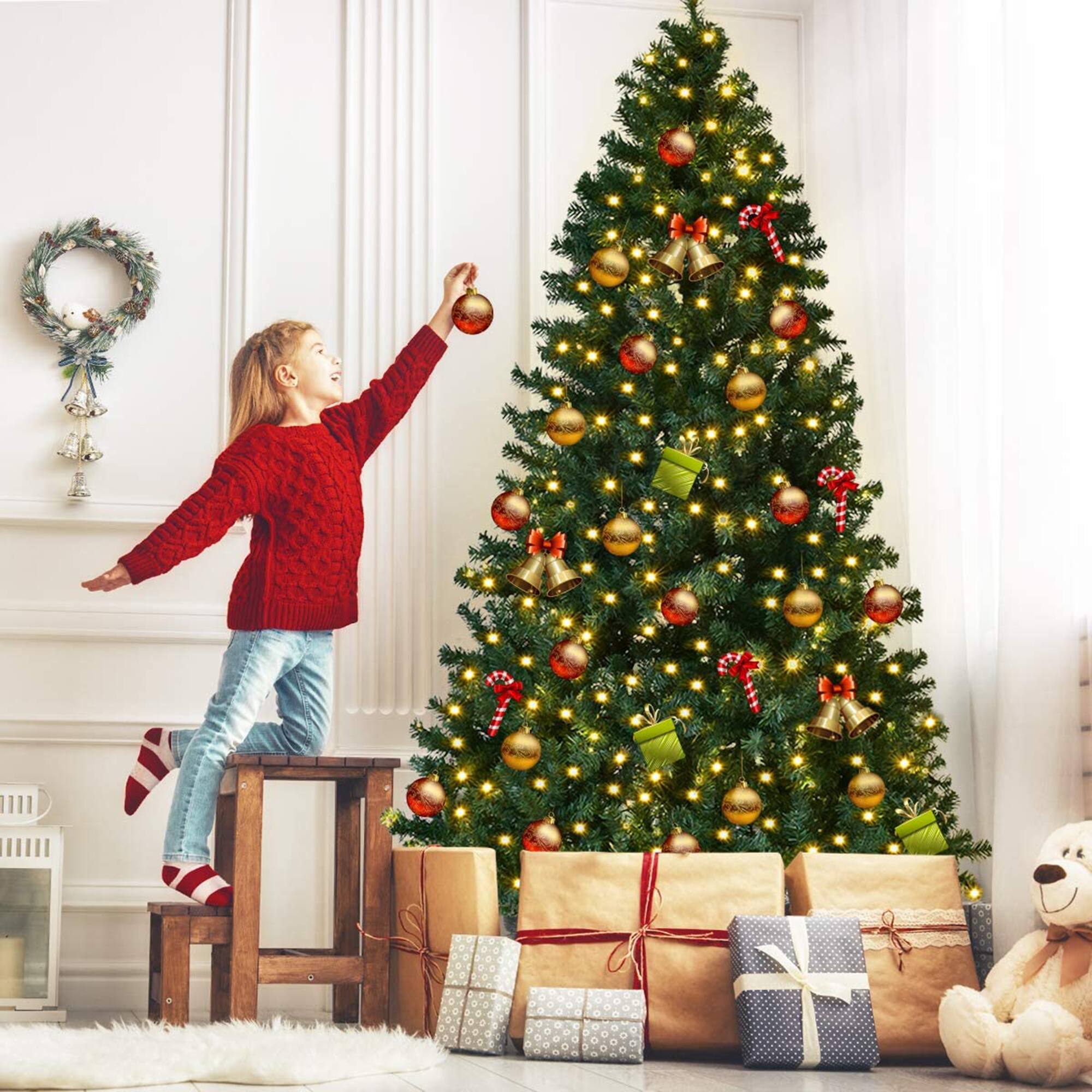 Alt View 4. Gymax - Gymax 7.5FT Pre-Lit Christmas Tree Hinged Artificial Tree w/ Metal Stand LED Lights - Green.
