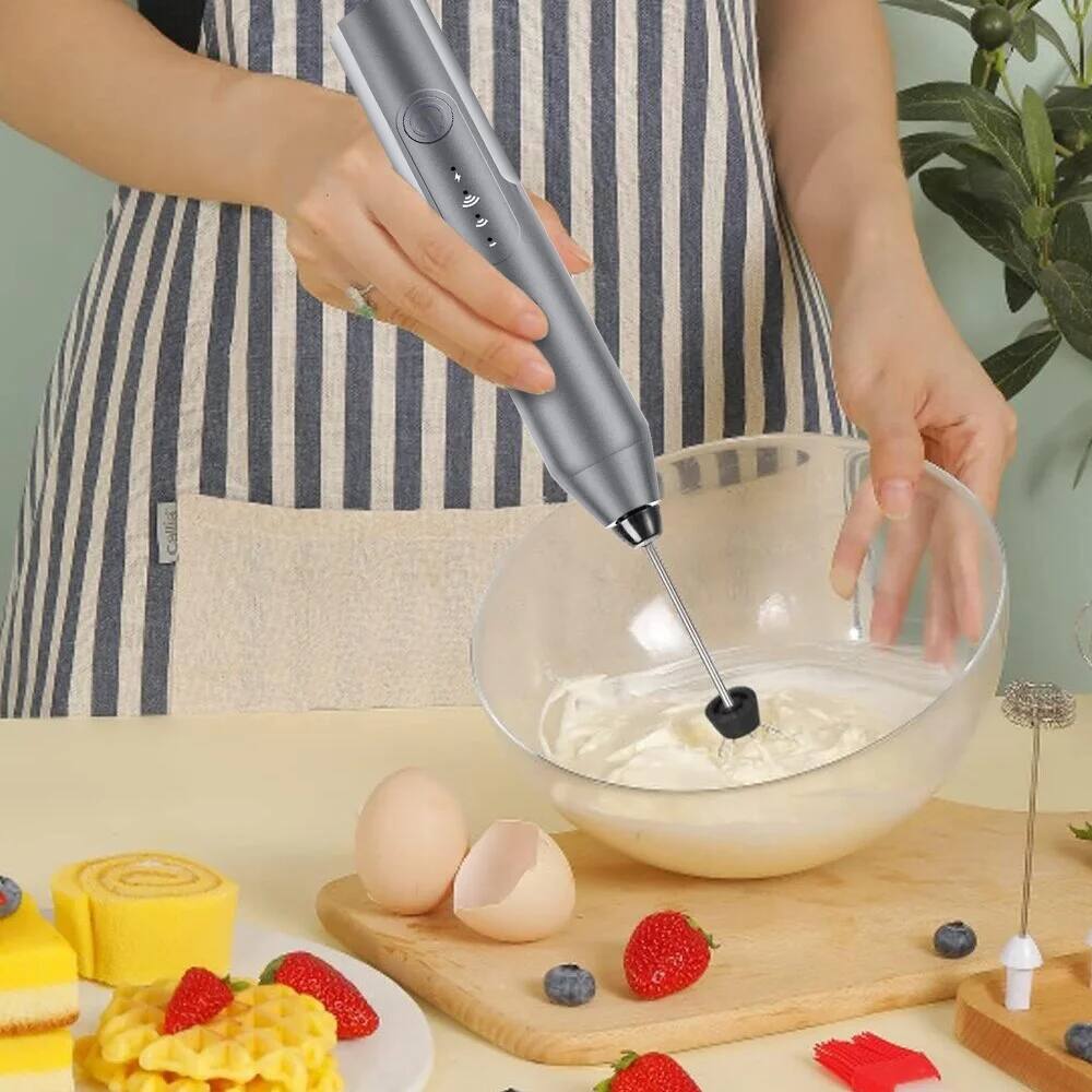 Angle. MOVSSOU - Handheld Milk & Coffee Frother Electric Mini Blender Stainless Steel Drink Mixer - Silver.