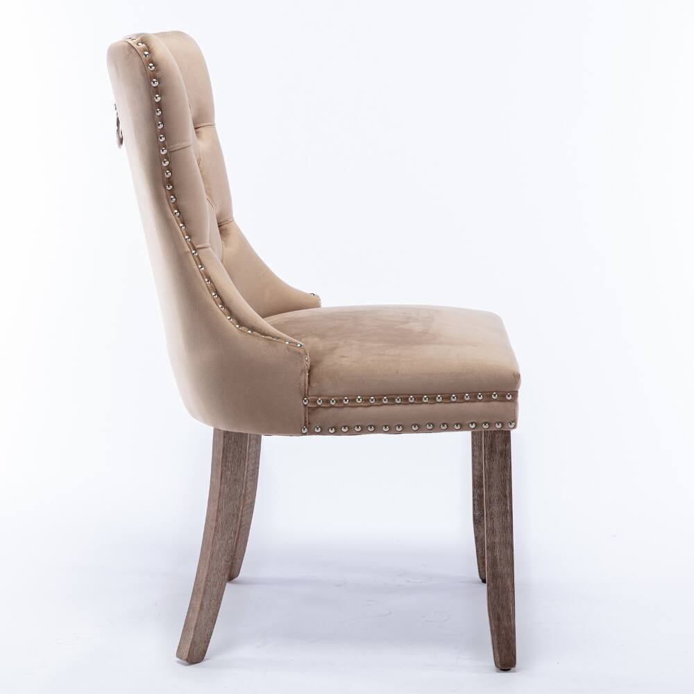 Back. Loheer - Loheer Khaki Velvet Dining Chairs Set of 2 Tufted Solid Wood Nailhead Trim - Khaki.