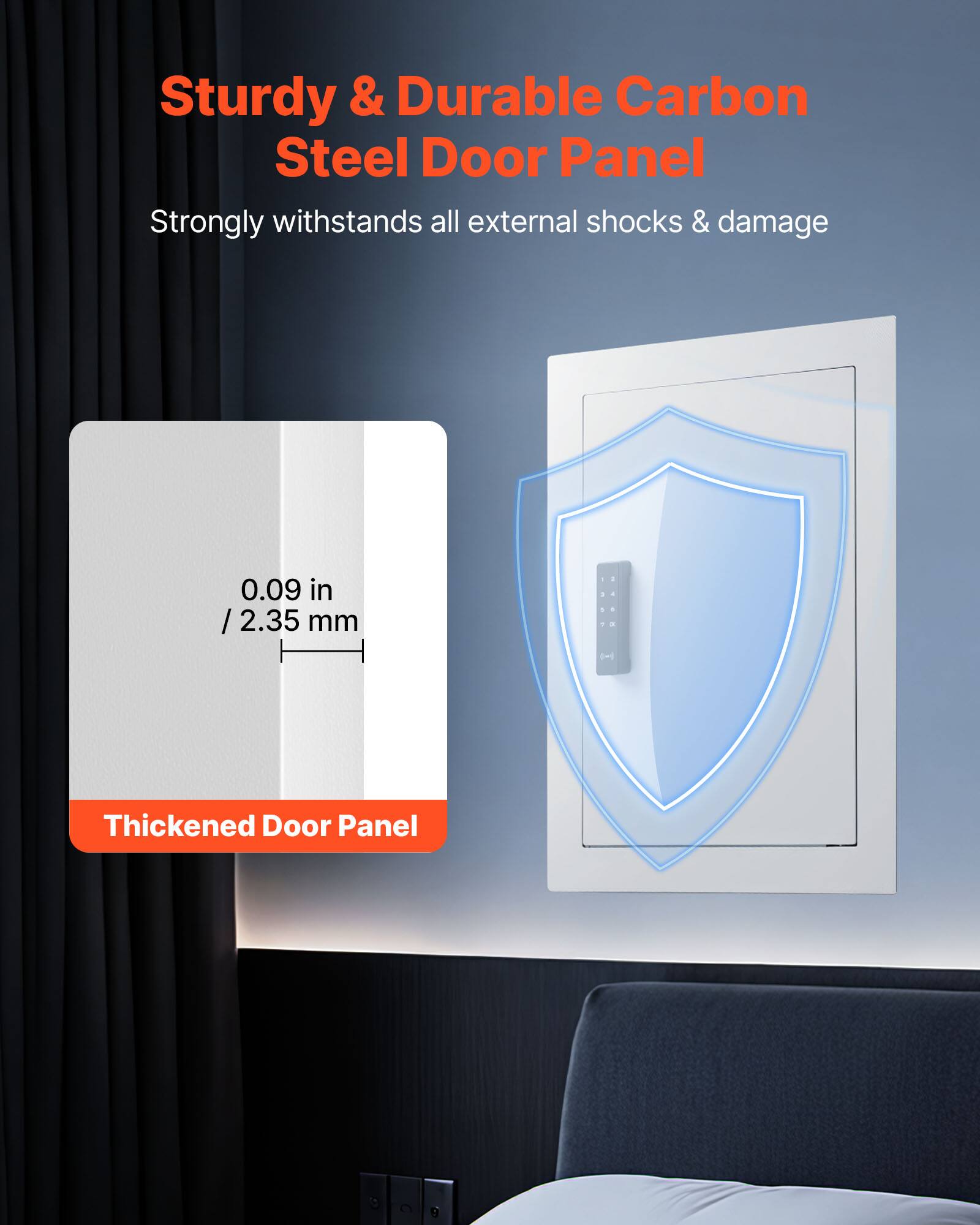 Sturdy & Durable Carbon Steel Door Panel  
Strongly withstands all external shocks & damage  

0.09 in / 2.35 mm  

Thickened Door Panel