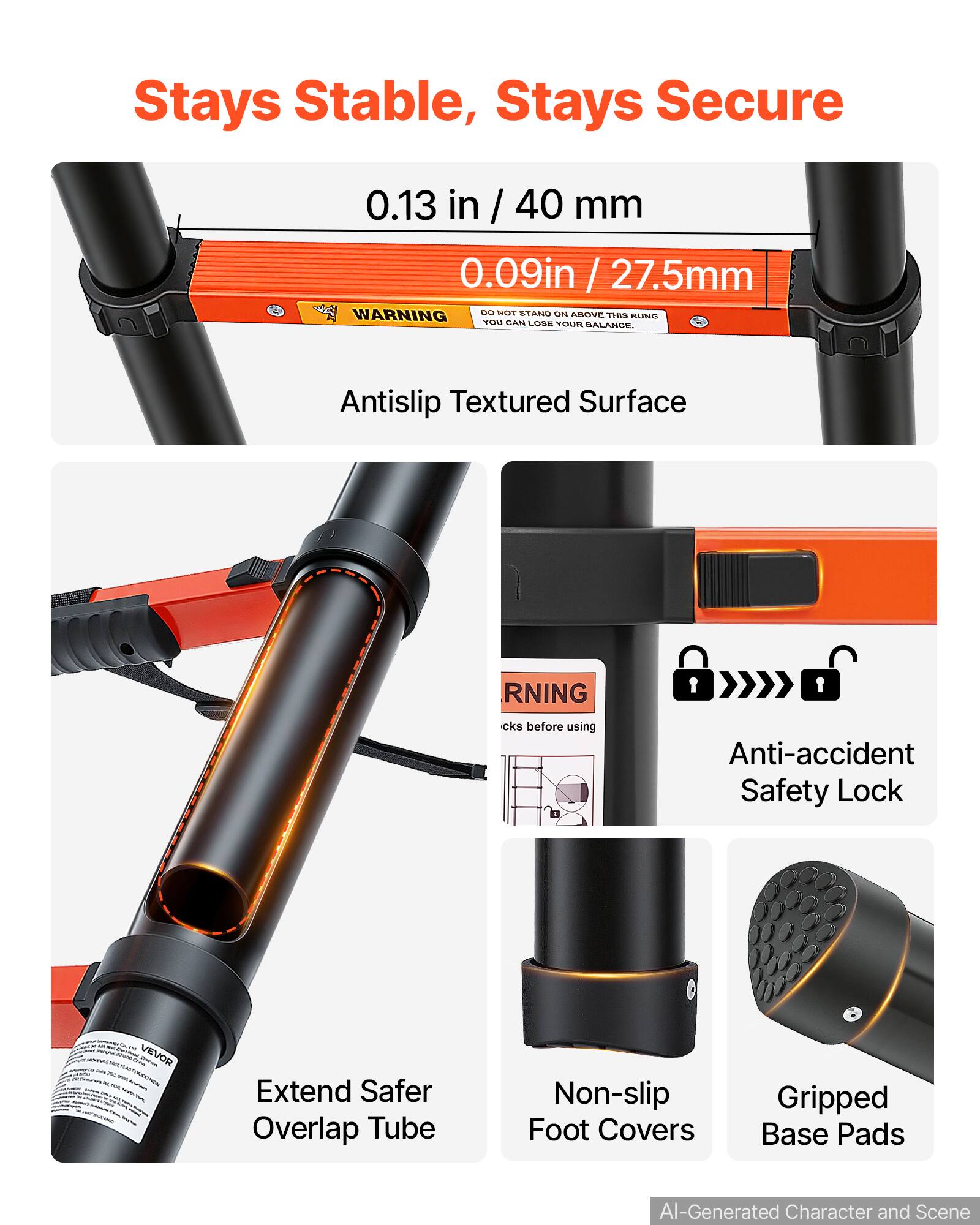 Stays Stable, Stays Secure

0.13 in / 40 mm  
0.09 in / 27.5 mm

WARNING: DO NOT STAND ON ABOVE THIS RUNG YOU CAN LOSE YOUR BALANCE.

Antislip Textured Surface

Anti-accident Safety Lock

Extend Safer Overlap Tube

Non-slip Foot Covers

Gripped Base Pads

AI-Generated Character and Scene