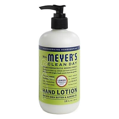 HARDWORKING HOMEKEEPING  
Mrs. MEYER'S CLEAN DAY  
AROMATHERAPEUTIC NOUSENOLD  
Clean with bright, fresh scents from the garden  
Lemon Verbena  
HAND LOTION  
WITH SHEA BUTTER & ALMOND OIL  
12 FL OZ
