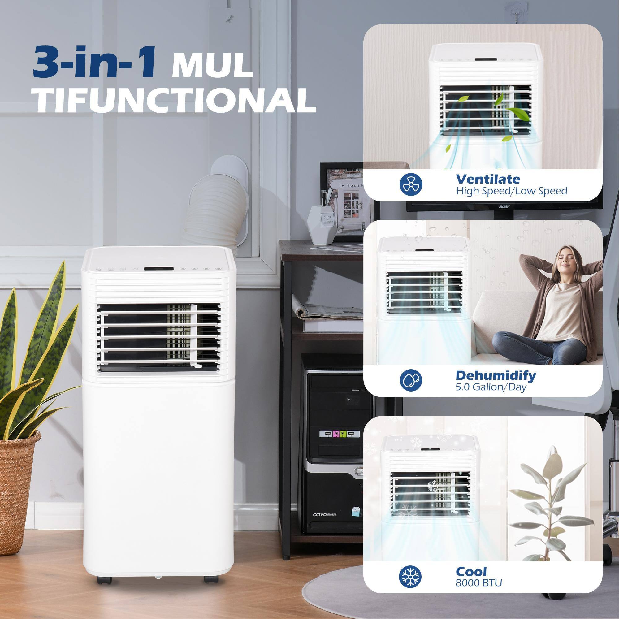 3-in-1 MULTIFUNCTIONAL

Ventilate  
High Speed/Low Speed

Dehumidify  
5.0 Gallon/Day

Cool  
8000 BTU