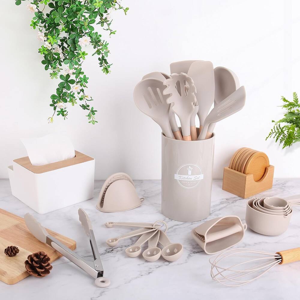 Alt View 1. RTMB - 24 pieces of non-stick silicone kitchen utensils with wooden handles - White.