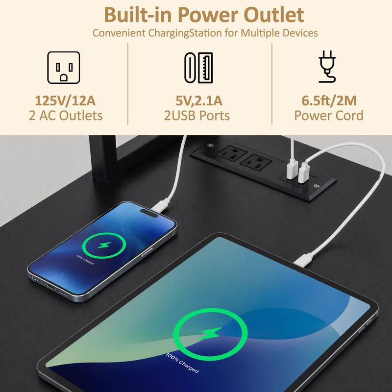 Built-in Power Outlet Convenient Charging Station for Multiple Devices  
125V/12A  
2 AC Outlets  
5V, 2.1A  
2 USB Ports  
6.5ft/2M Power Cord  
100% Charged