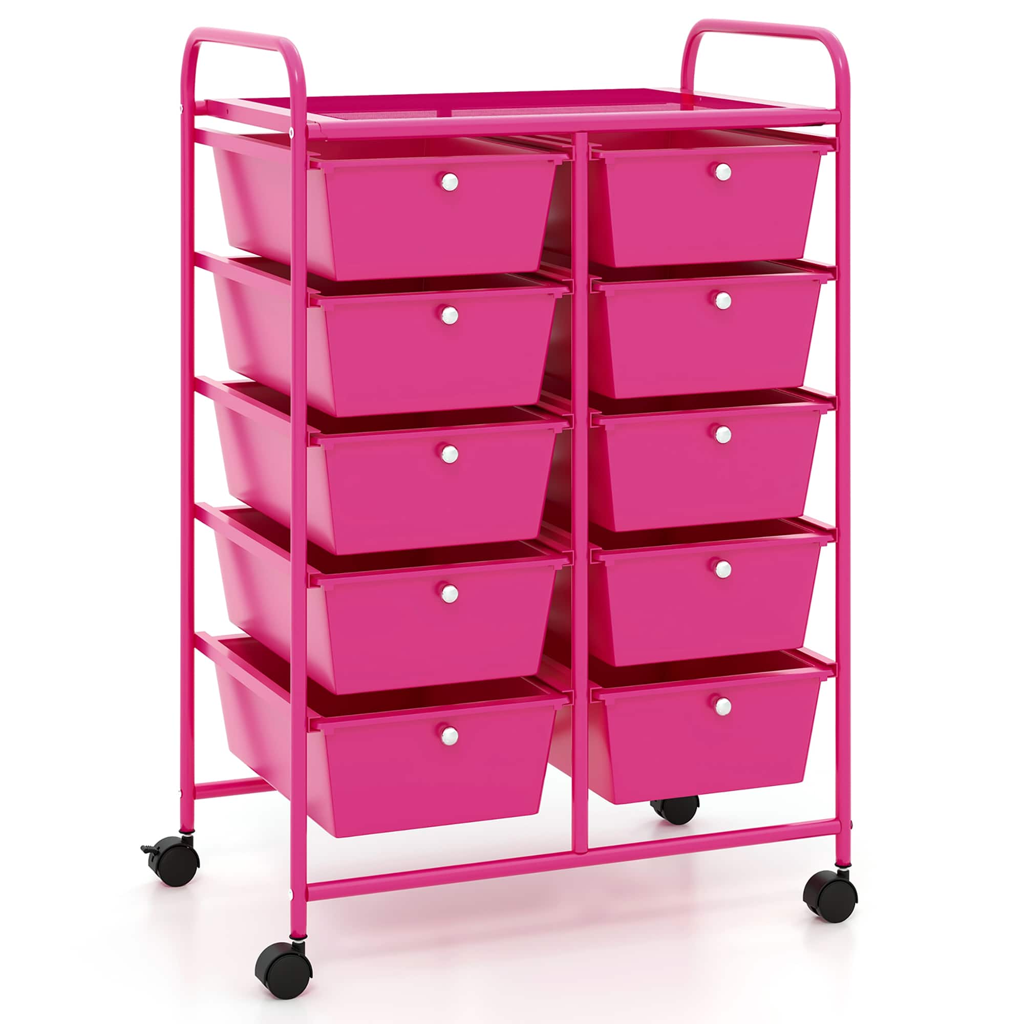 Gymax - 10-Drawer Storage Cart Utility Rolling Trolley Kitchen Organizer - Hot Pink
