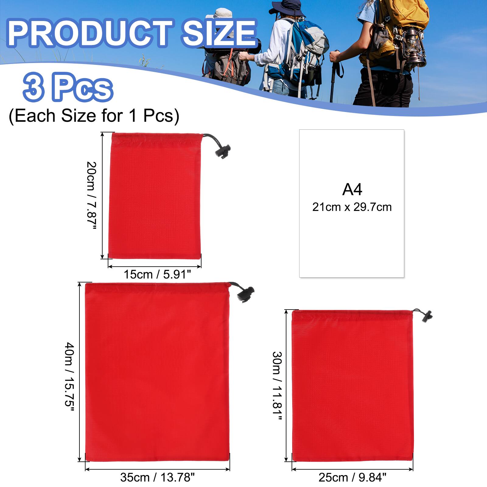 PRODUCT SIZE

3 Pcs (Each Size for 1 Pcs)

- 20cm / 7.87" x 15cm / 5.91"
- A4 21cm x 29.7cm
- 40m / 15.75" x 35cm / 13.78"
- 30m / 11.81" x 25cm / 9.84"