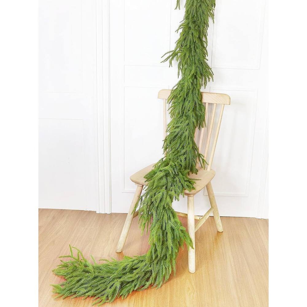 Front. PARKER SLATER - 9ft Real Touch Norfolk Pine Garland, 180 Tips, Thick Artificial Greenery - Green.
