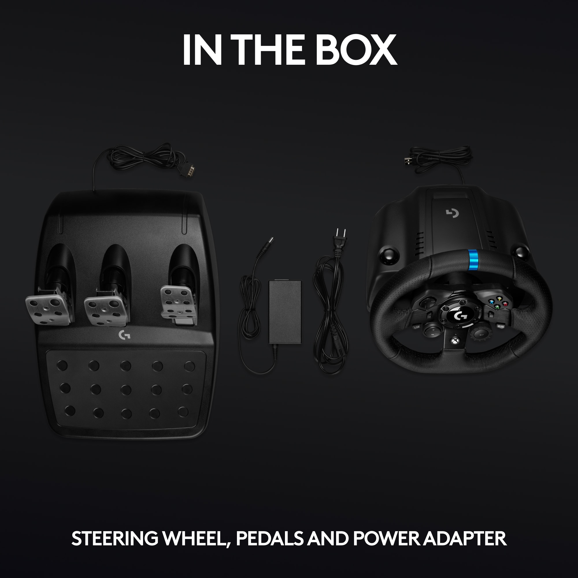 In the box, you get a steering wheel, pedals, and a power adapter.