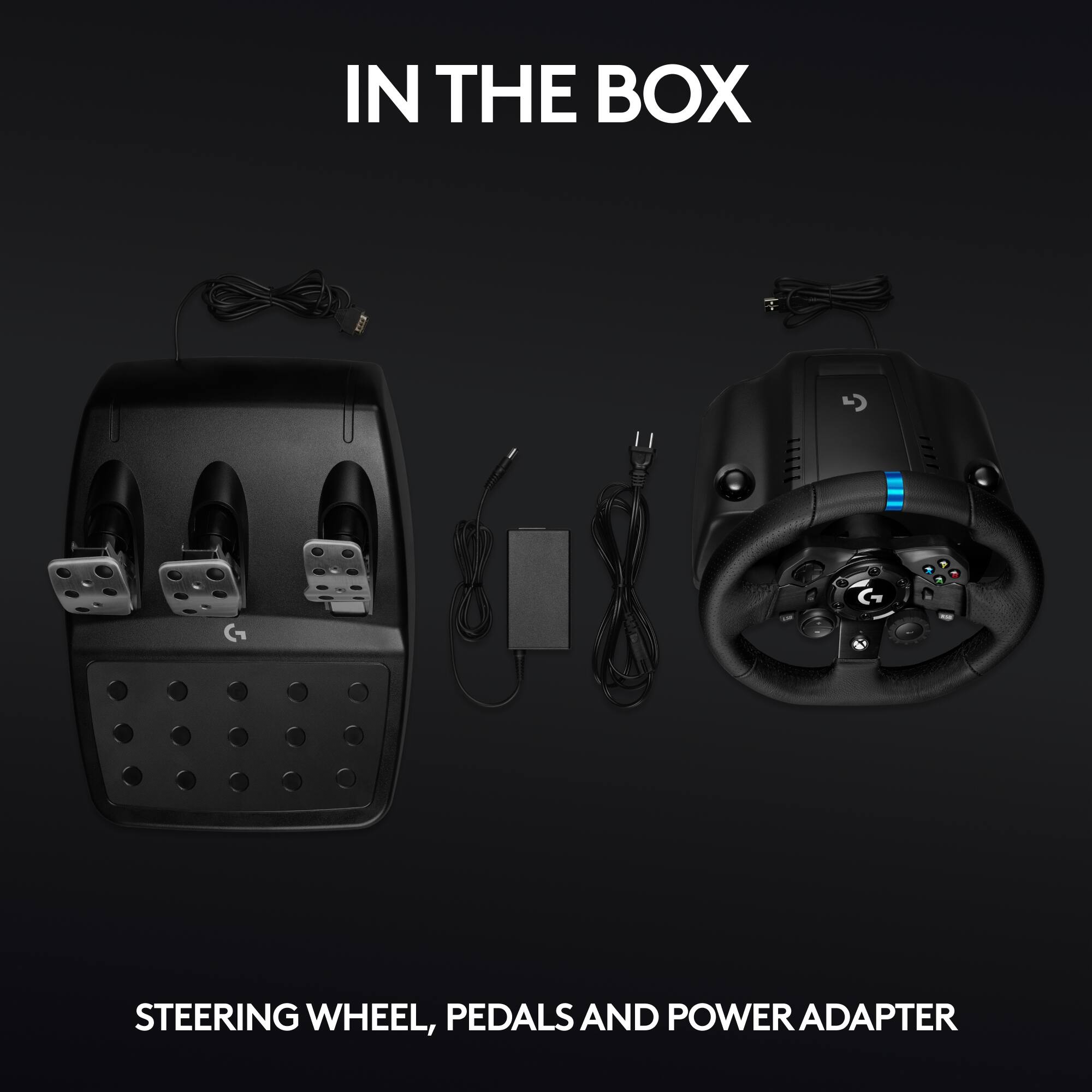 In the box, you get a steering wheel, pedals, and a power adapter.