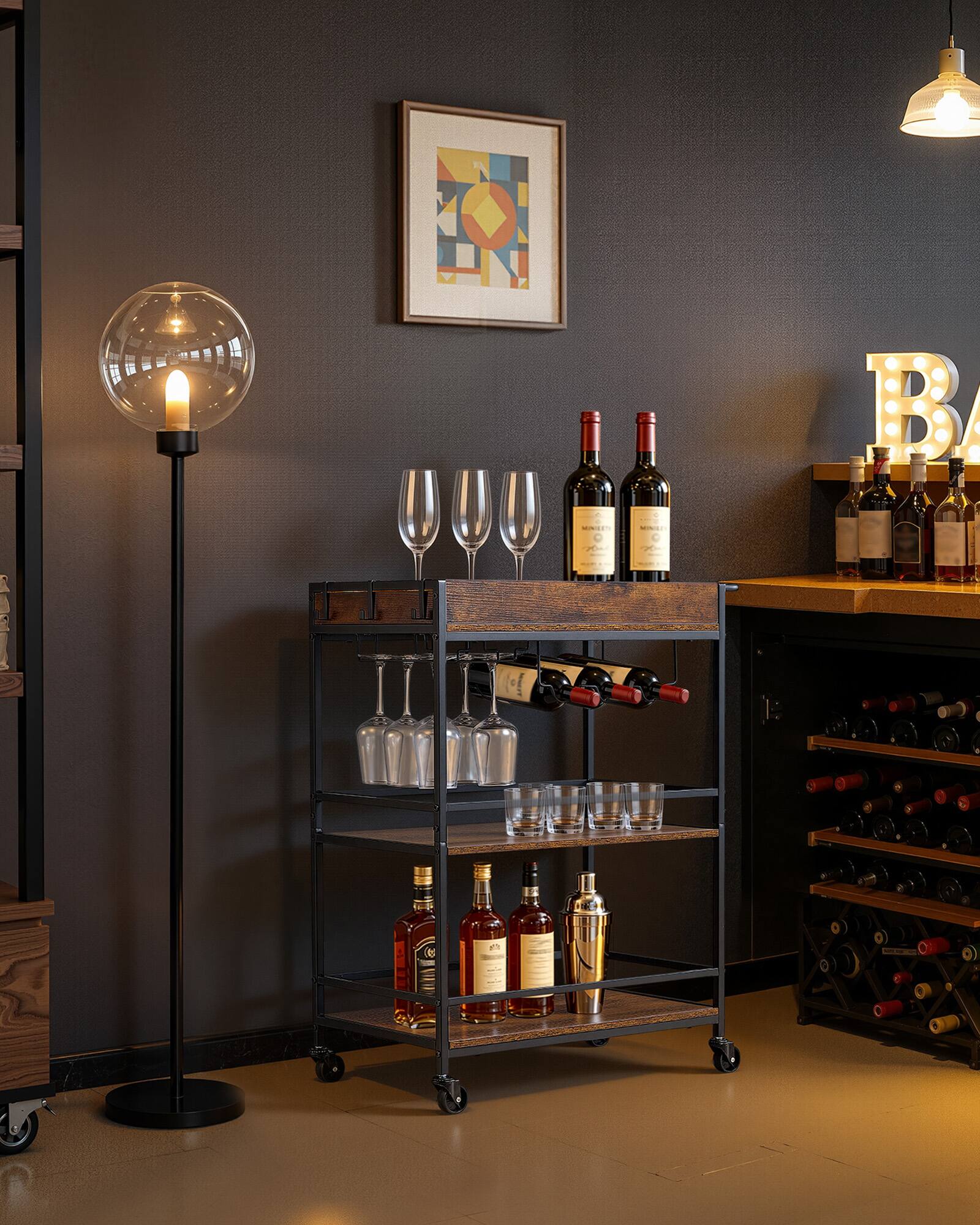 Alt View 3. VEVOR - Bar Cart, 3 Tiers Home Kitchen Serving Carts, Industrial Rolling Utility Station on Wheel, Mobile Drink Beverage Shelf - Black + Brown.
