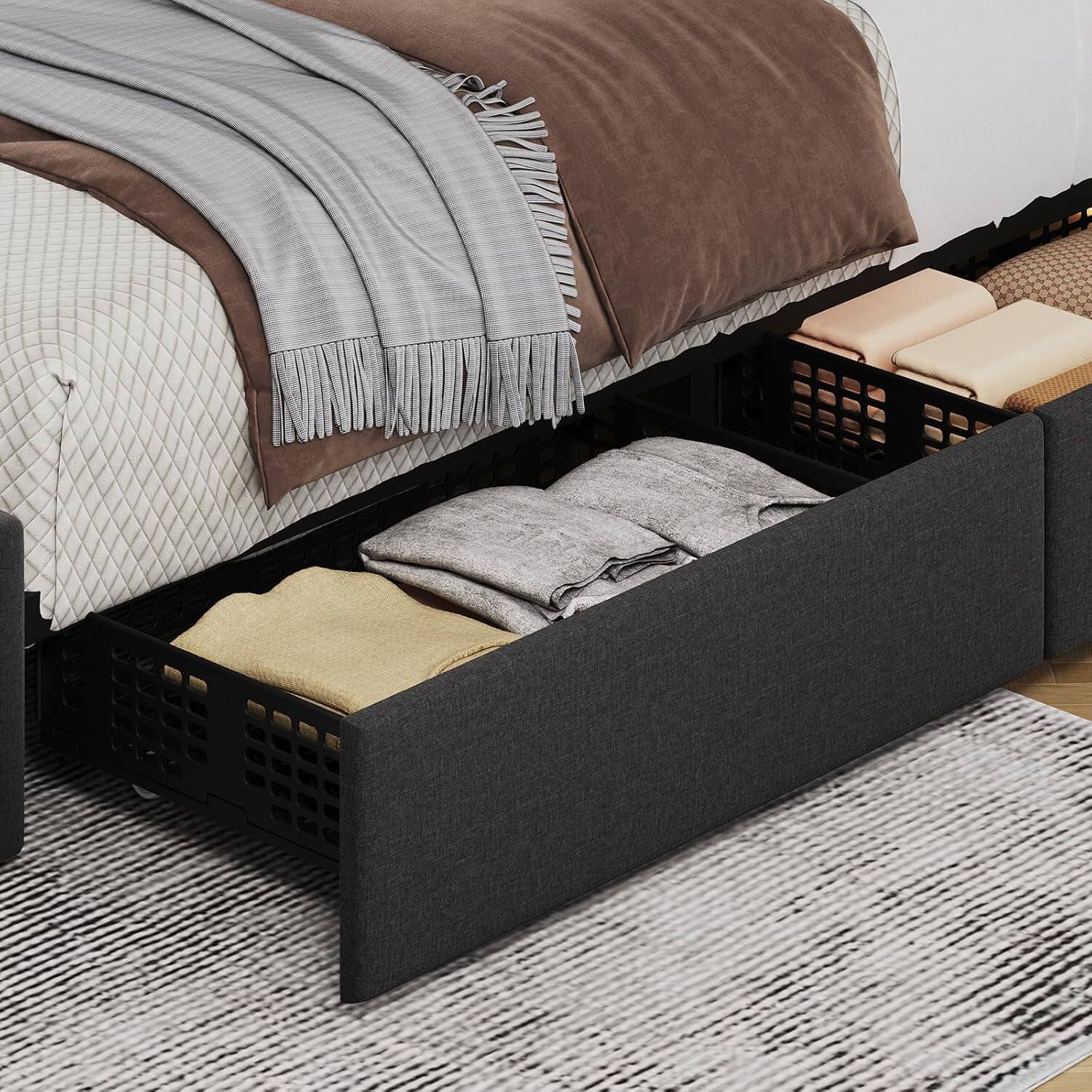 Alt View 2. GARVEE - Queen Upholstered Bed Frame Black 4 Storage Drawers Adjustable Headboard No Box Spring Modern - Black Queen.