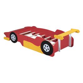 GOODSILO - Twin Size Youth Race Car Themed Platform Bed with Side Rails and Decorative Wheels - Red