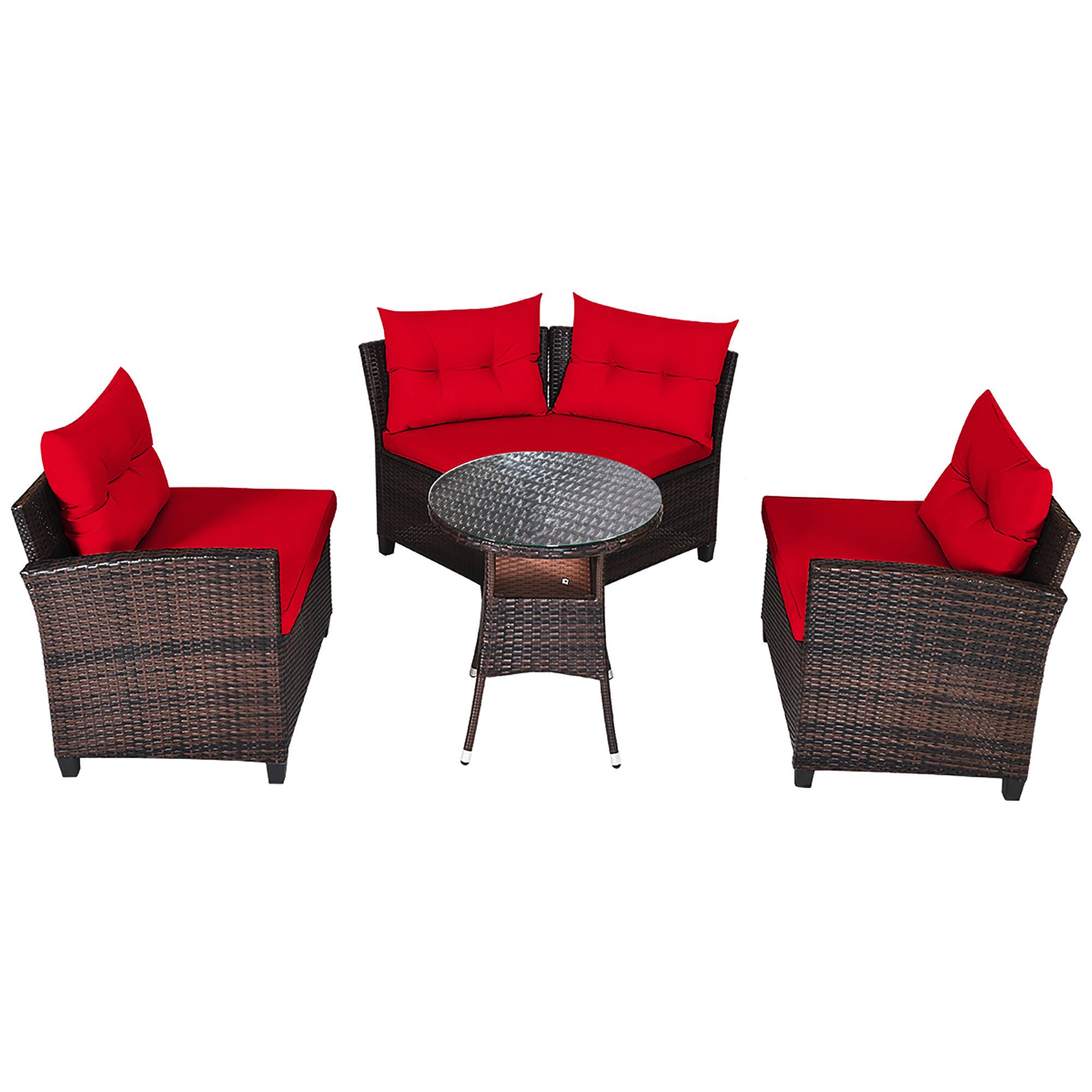 Angle. Costway - 4PCS Outdoor Patio Rattan Furniture Set Cushioned Sofa Table - Dark Brown/Red.