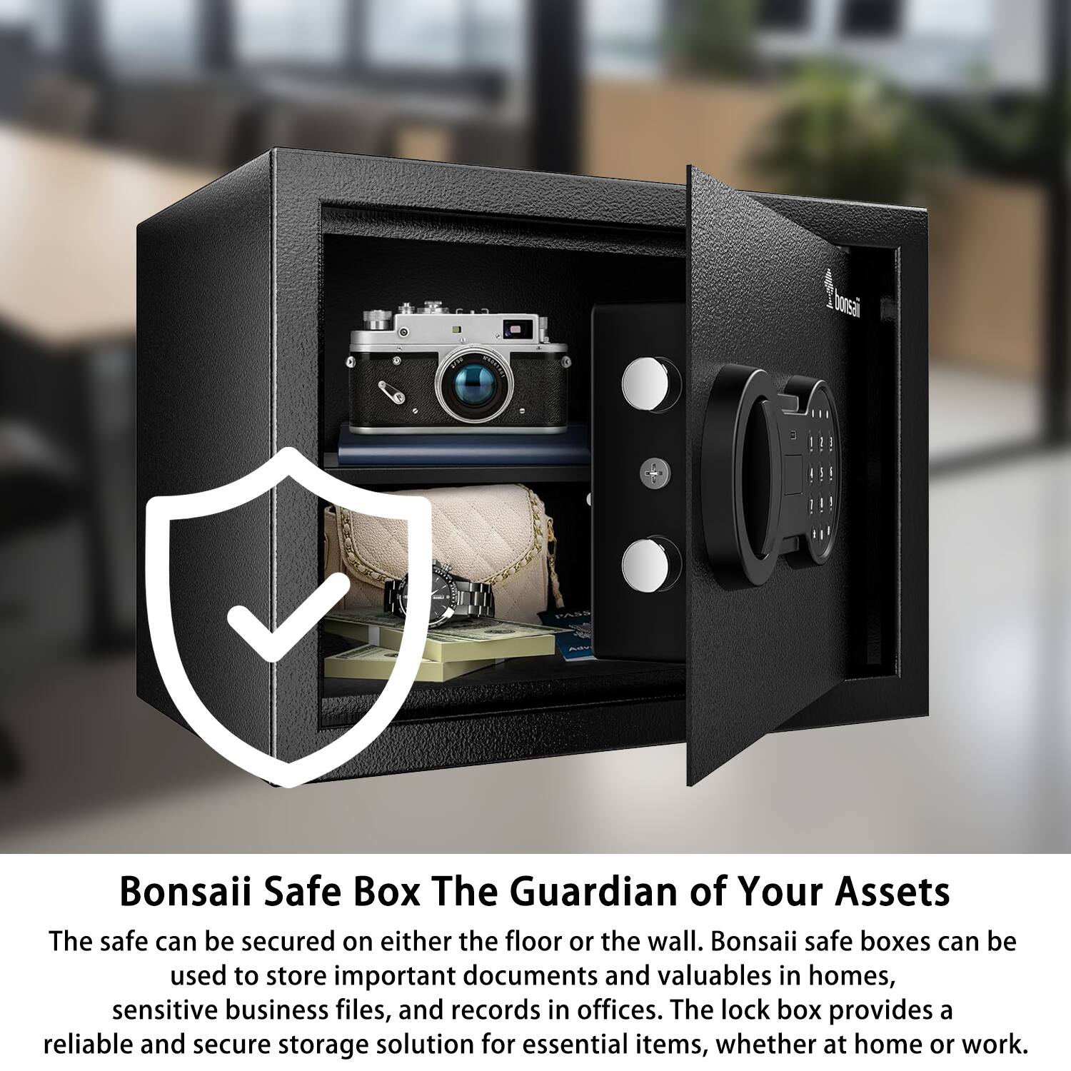 Bonsai Safe Box: The Guardian of Your Assets

The safe can be secured on either the floor or the wall. Bonsai safe boxes can be used to store important documents and valuables in homes, sensitive business files, and records in offices. The lock box provides a reliable and secure storage solution for essential items, whether at home or work.