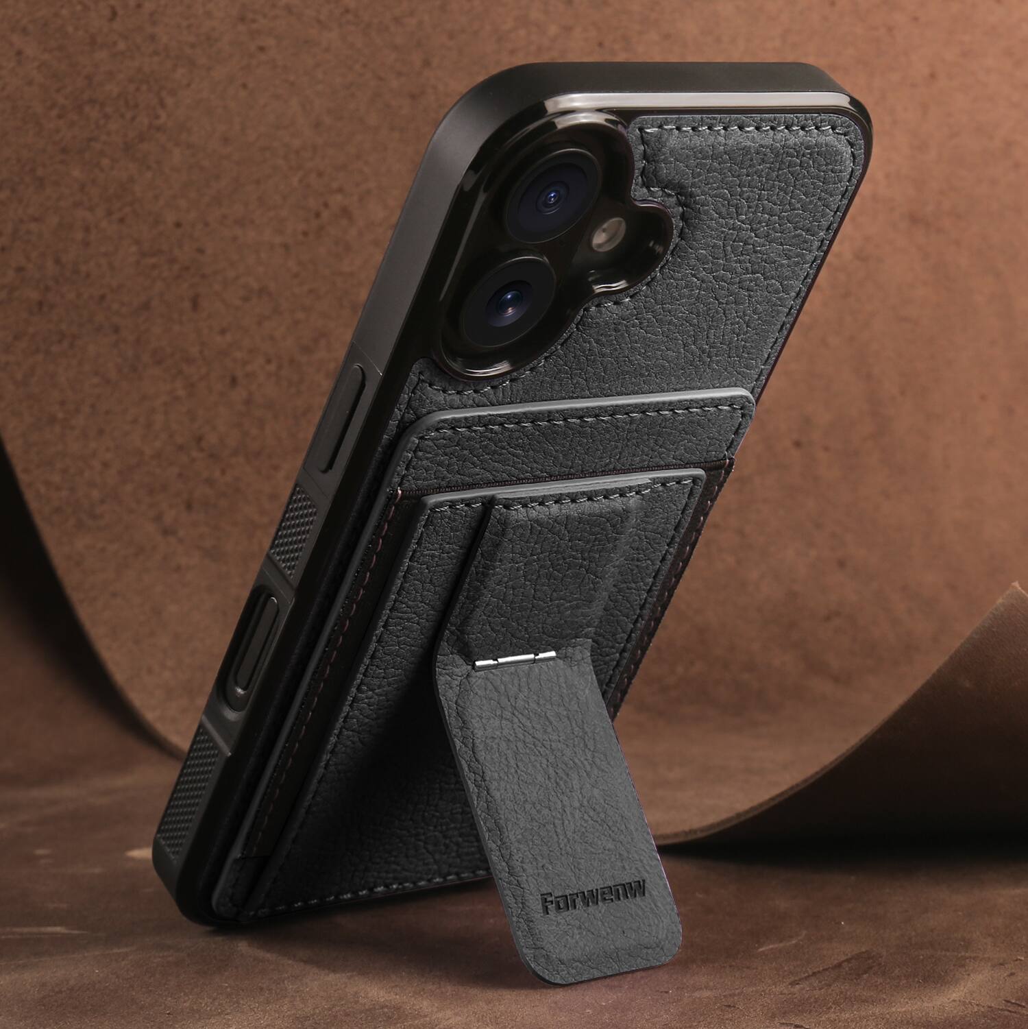 Angle. Dteck - Slim Card Holder Case for Apple Apple iPhone 16, Shockproof Wallet Protective Cover with Kickstand - Black.