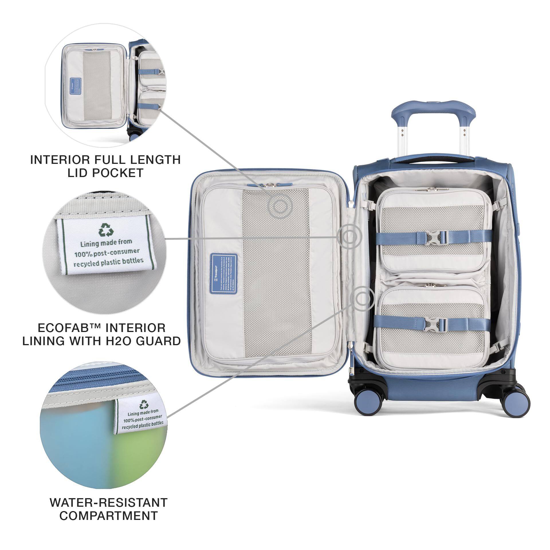 INTERIOR FULL LENGTH LID POCKET

Lining made from 100% post-consumer plastic bottles recycled

ECOFAB™ INTERIOR LINING WITH H2O GUARD

WATER-RESISTANT COMPARTMENT
