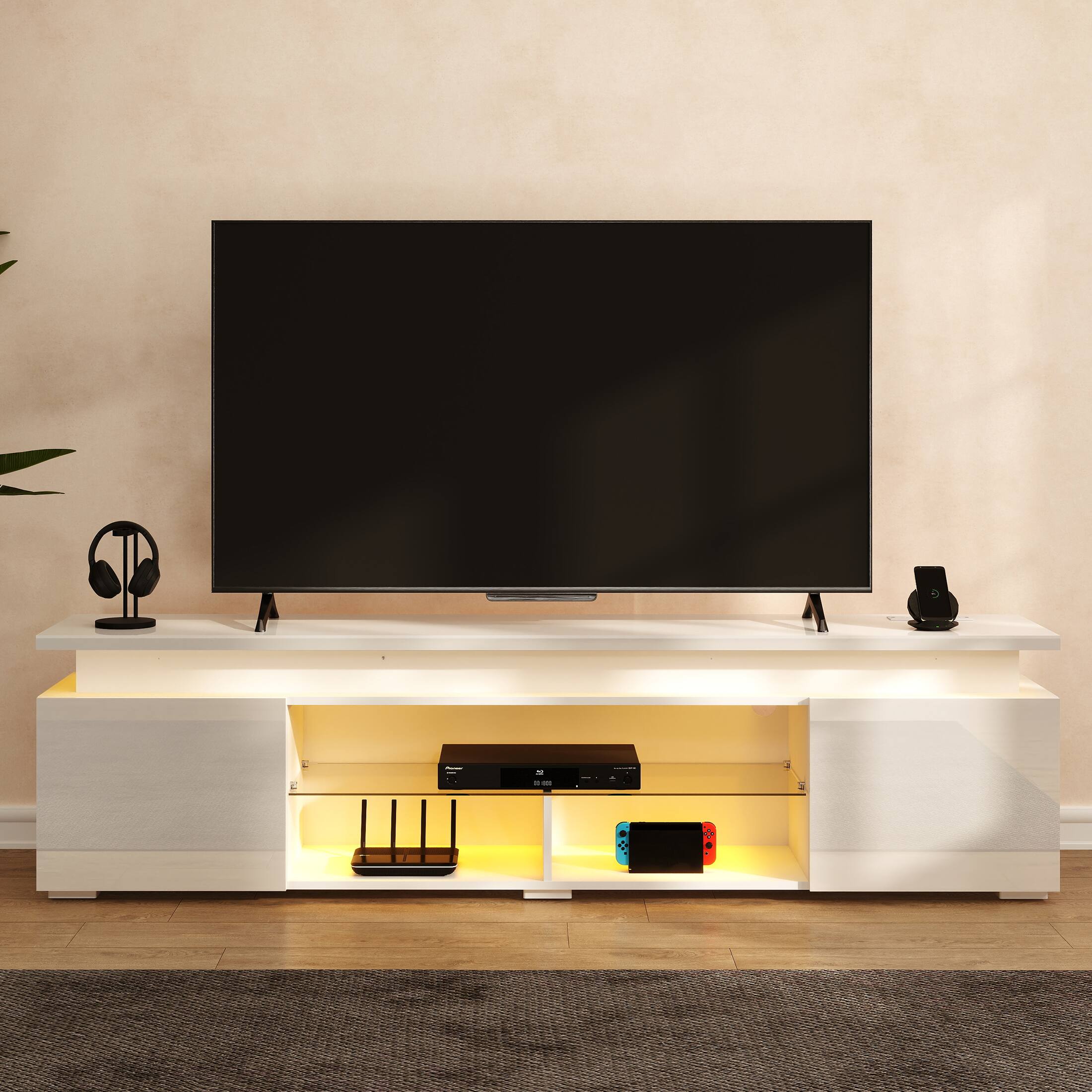 Left. Skyzoo - Skyzoo Modern TV Stand for 50-85" TVs, Entertainment Center with LED Lights, Power Outlet & Storage - White.
