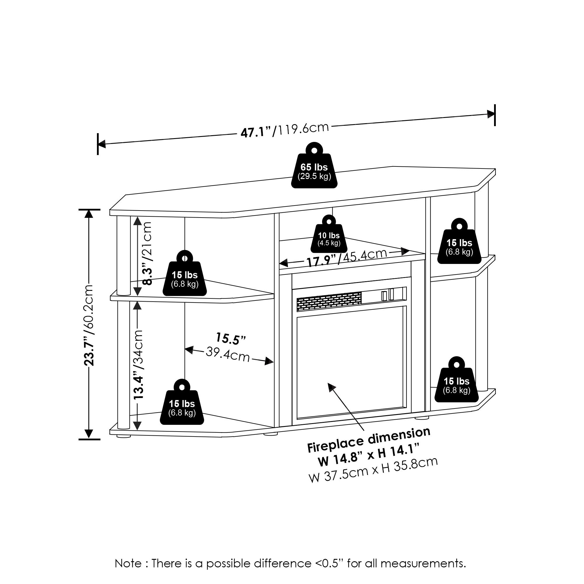 47.1" / 119.6 cm  
65 lbs (29.5 kg)  
23.7" / 60.2 cm  
8.3" / 21 cm  
13.4" / 34 cm  
15 lbs (6.8 kg)  
15.5" / 39.4 cm  
16 lbs (6.8 kg)  
10 lbs (4.5 kg)  
16 lbs (6.8 kg)  
17.9" / 45.4 cm  
16 lbs (6.8 kg)  
Fireplace dimension: W 14.8" / 37.5 cm x H 14.1" / 35.8 cm  
Note: There is a possible difference <0.5" for all measurements.