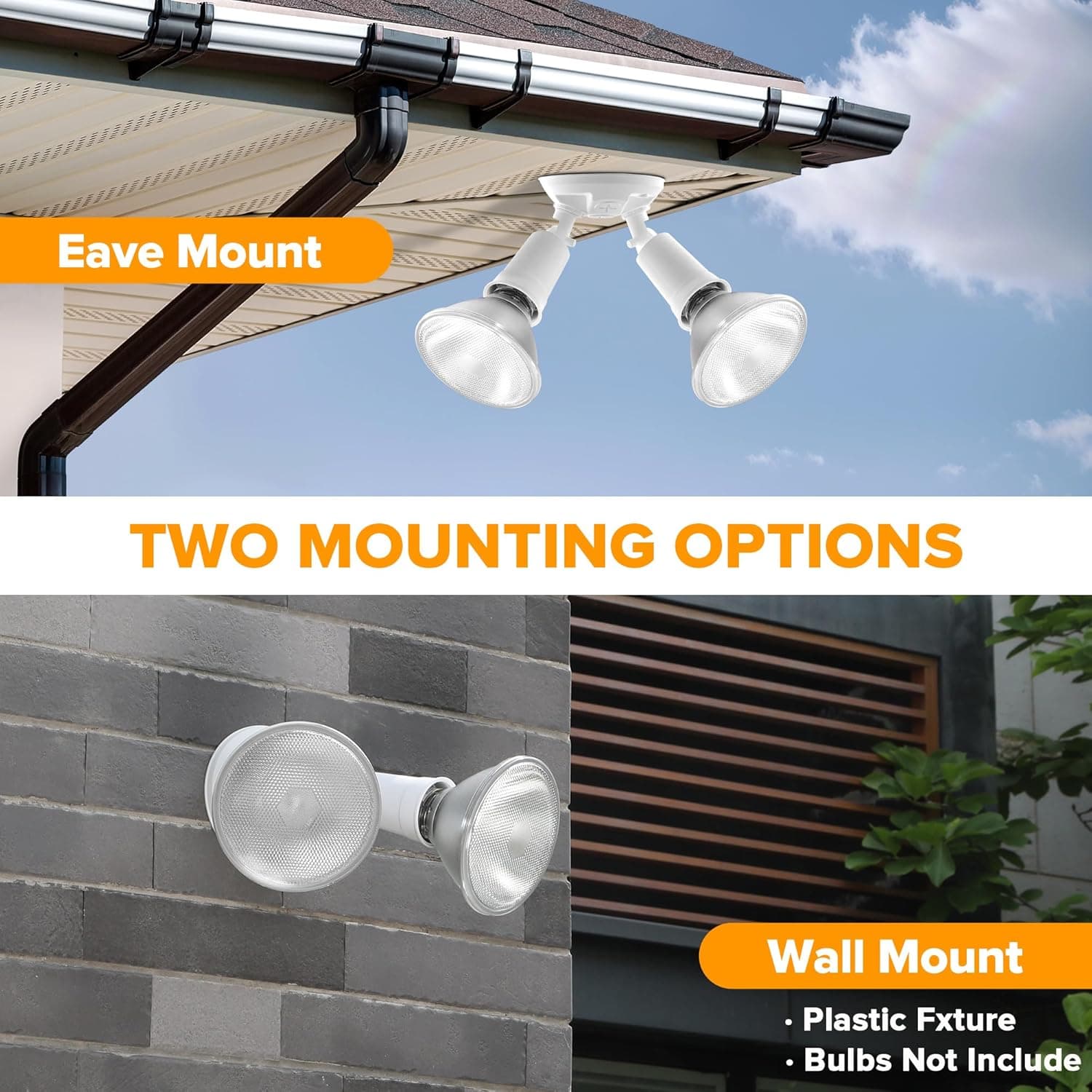 Eave Mount  
TWO MOUNTING OPTIONS  
Wall Mount  
- Plastic Fixture  
- Bulbs Not Included