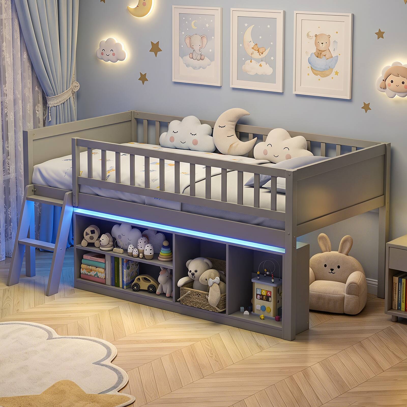 Alt View 3. Gymax - Gymax Twin Size Loft Bed w/ Adjustable LED Lights Bookshelves Safety Guardrails Grey - Gray.