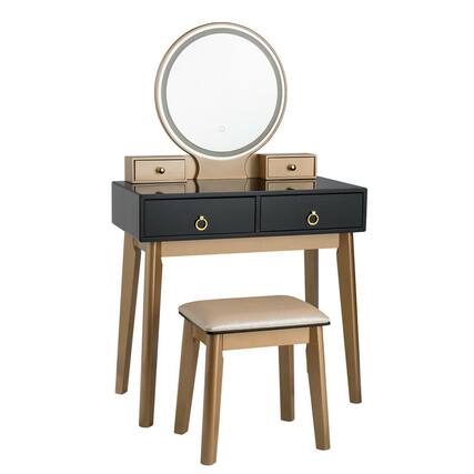 Front. WELLFOR - Makeup Vanity Table Set with 3‑Color LED Lighted Mirror,Solid Wood Legs and Padded Stool for Bedroom Dressing Room - Black.