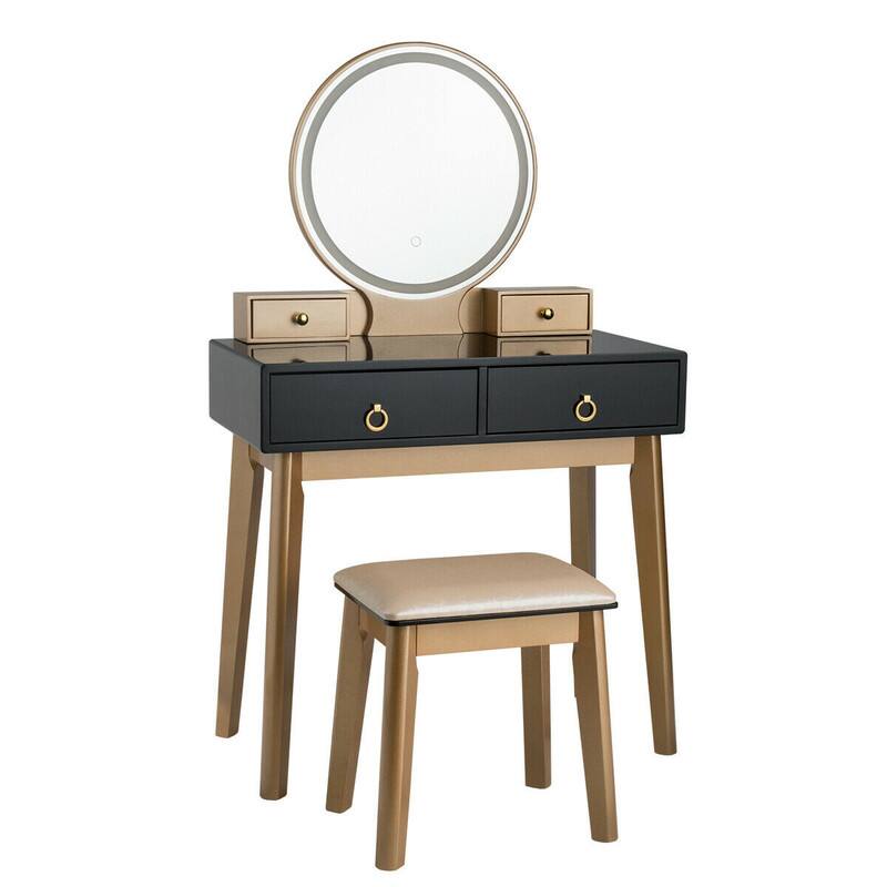 Front. WELLFOR - Makeup Vanity Table Set with 3‑Color LED Lighted Mirror,Solid Wood Legs and Padded Stool for Bedroom Dressing Room - Black.