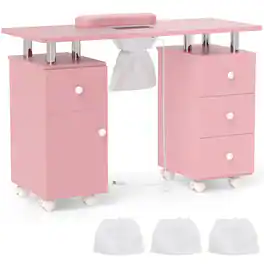 Costway - Rolling Manicure Table Nail Desk with with 8 Lockable Wheels & Electric Dust Collector 3 Dust Bags Wrist Rest - Pink