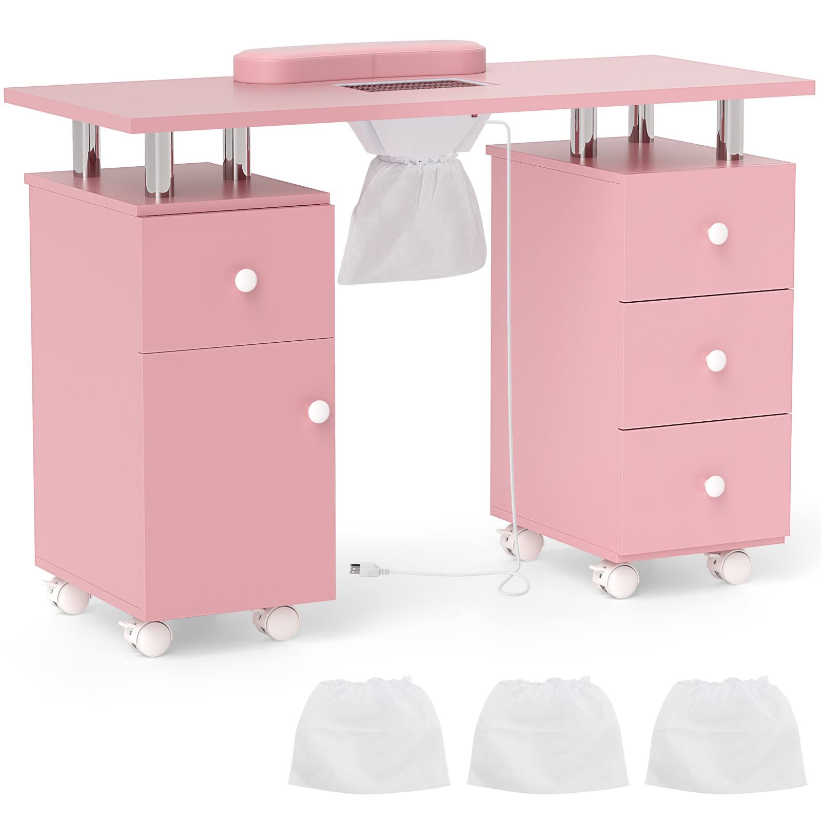 Front. Costway - Costway Rolling Manicure Table Nail Desk with with 8 Lockable Wheels & Electric Dust Collector 3 Dust Bags Wrist Rest - Pink.